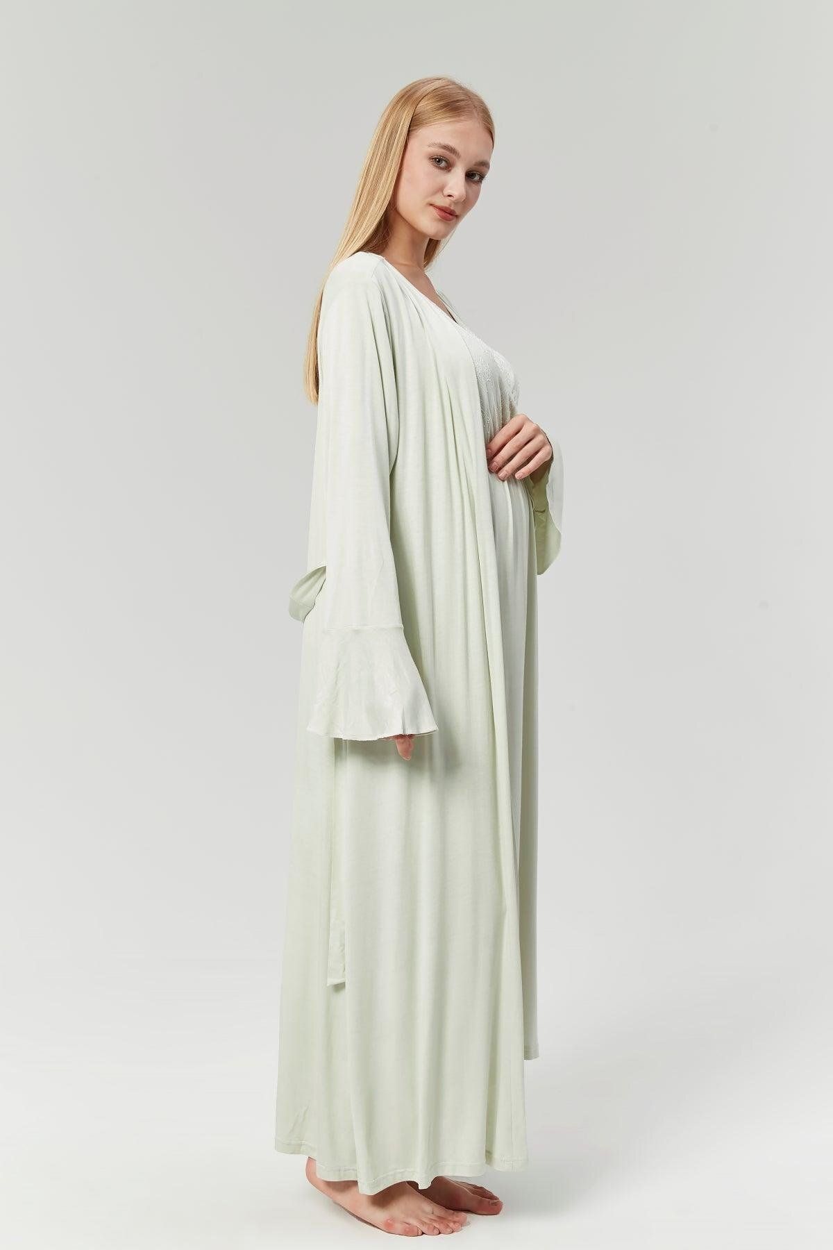 don point-Double Breasted Maternity Nightgown Set with Hidden Nursing Feature Water Green Dressing Gown - 525 3