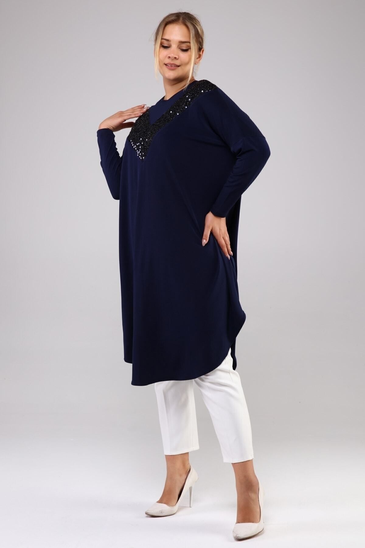 Ferace-Long Sleeve Large Size Women's Sequin Hijab Tunik Navy Blue 6