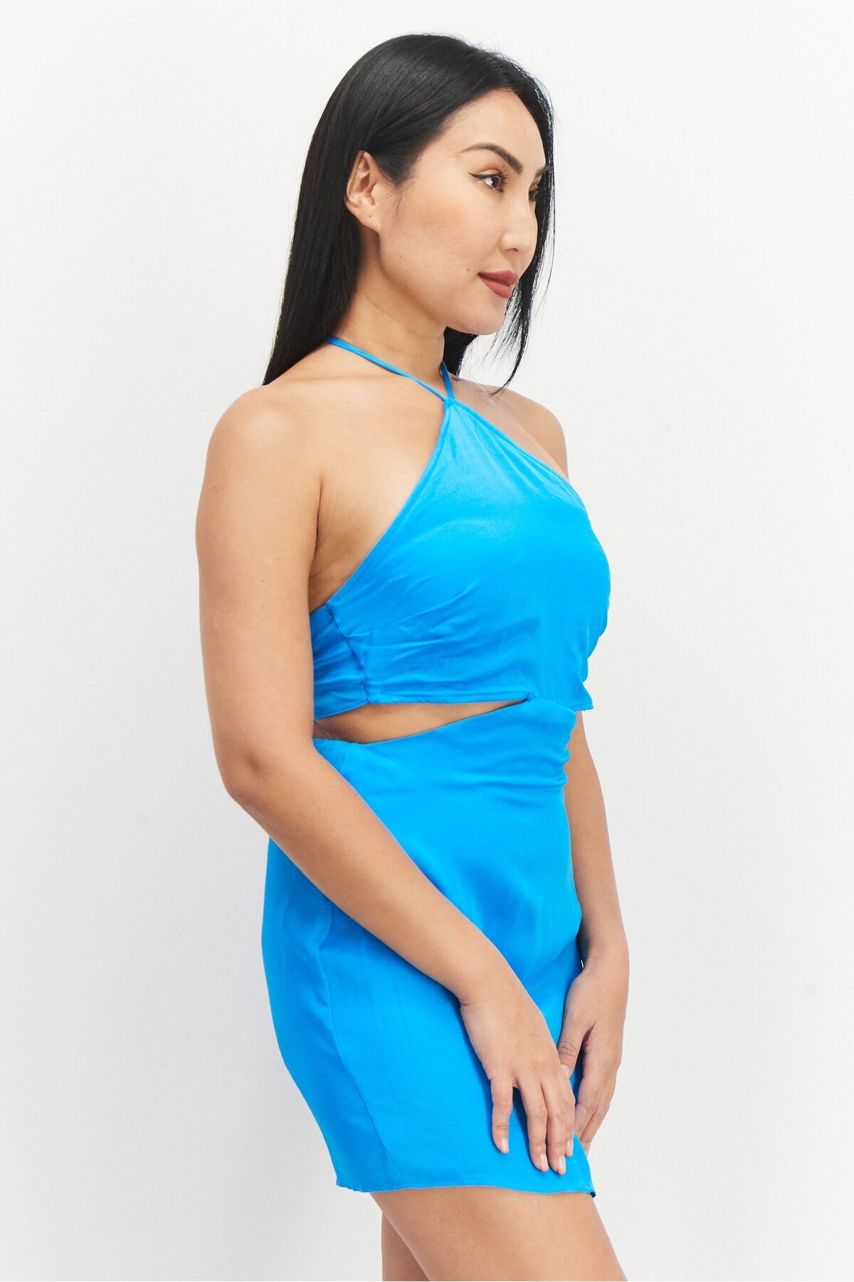 Don't Call Me Jennyfer-Women Halter Neck Tie Back Plain Mini Dress, Turquoise 4
