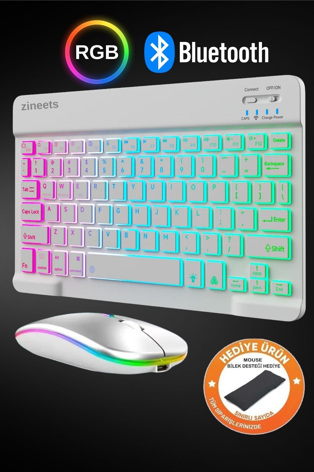 Zineets RGB Işıklı Kablosuz Bluetooth Klavye Mouse Seti Ultra Slim Tablet Telefon Windows Uyumlu Beyaz