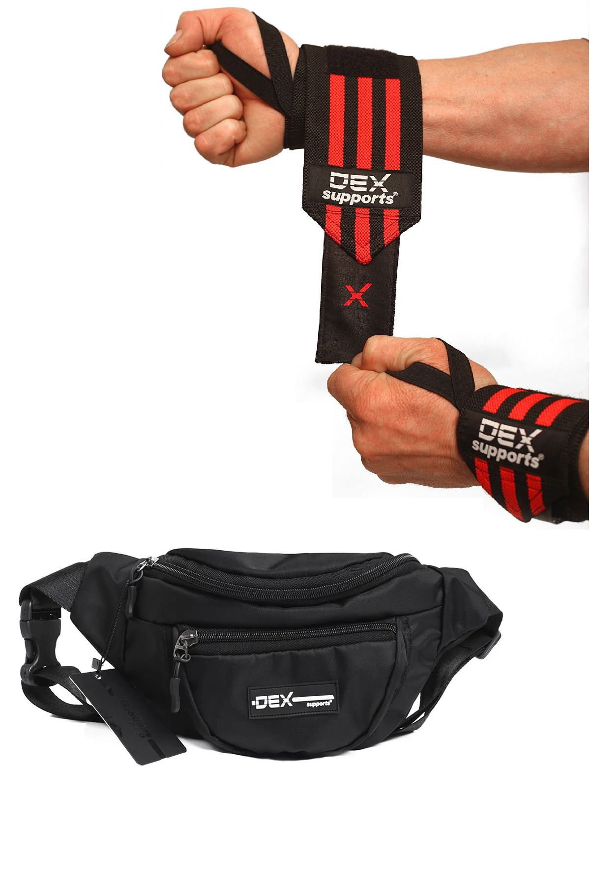 Dex Supports Fitness Sporcu Bilekliği Wrist Wraps + Bel Omuz Çantası 2'li Paket