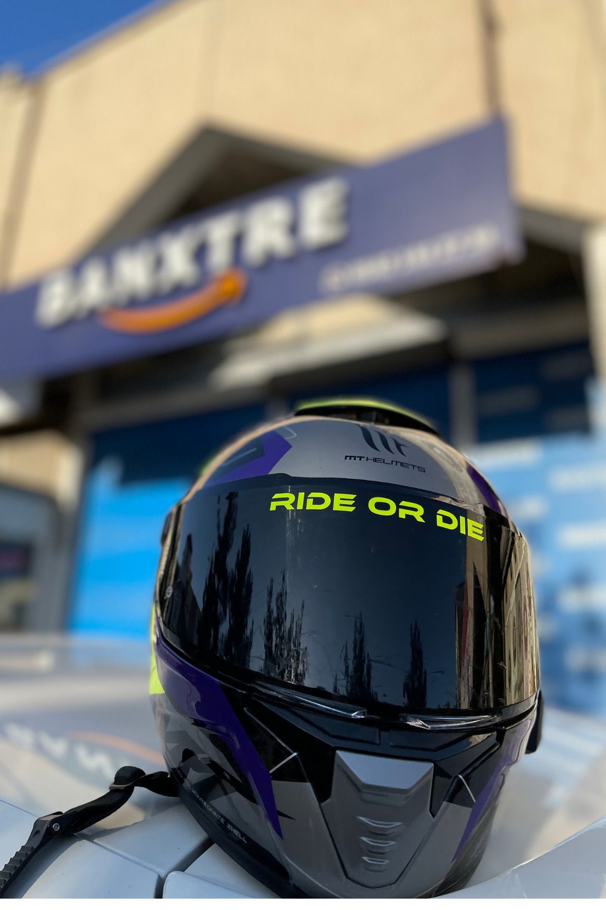 Banxtre-Neon Yellow Ride or Die Sticker Label for Helmet Visor (1 Piece) (No Blocking the Vision) 4
