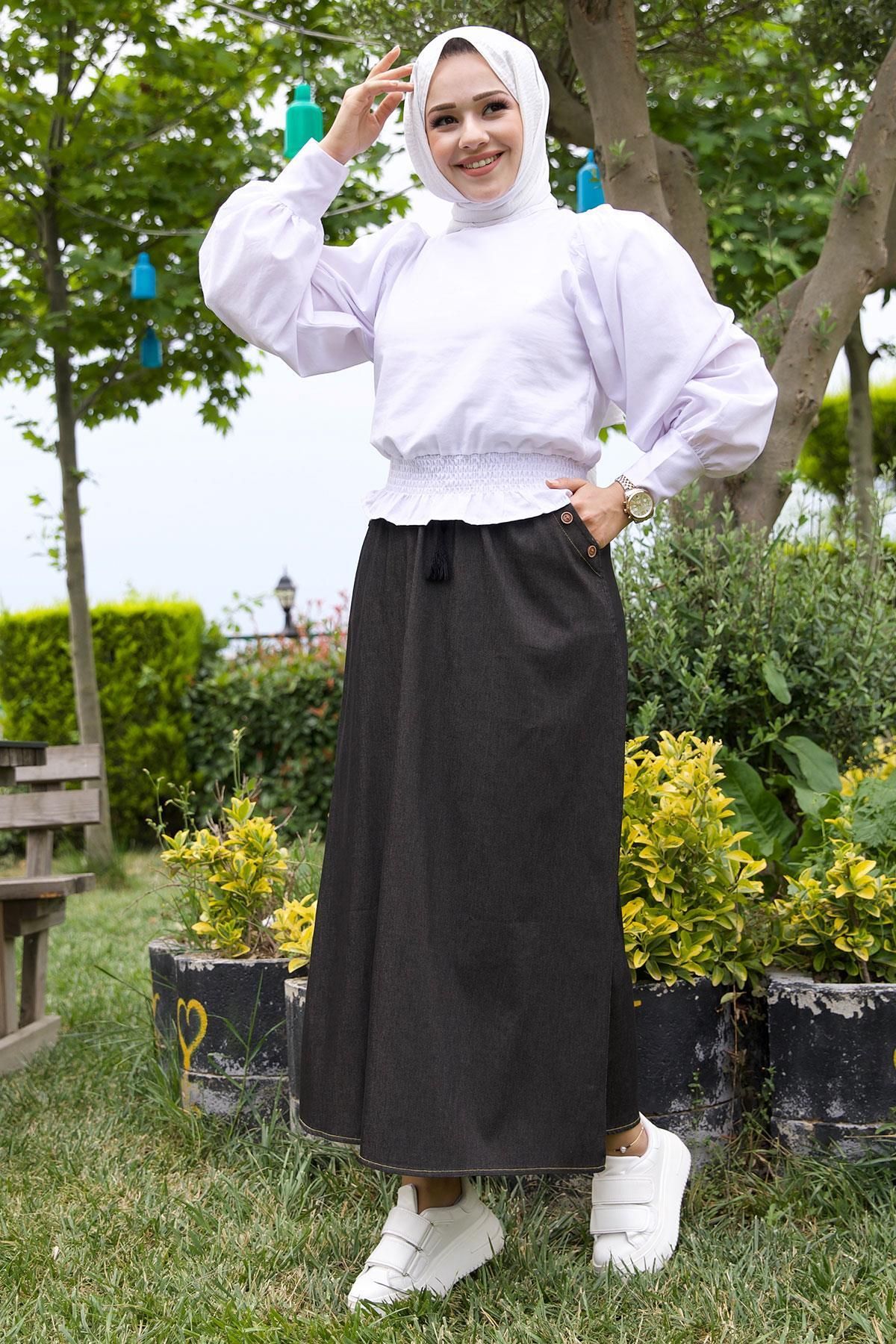 hafsamina-Buttoned Denim Skirt with Elastic Waist Pockets Anthracite 3