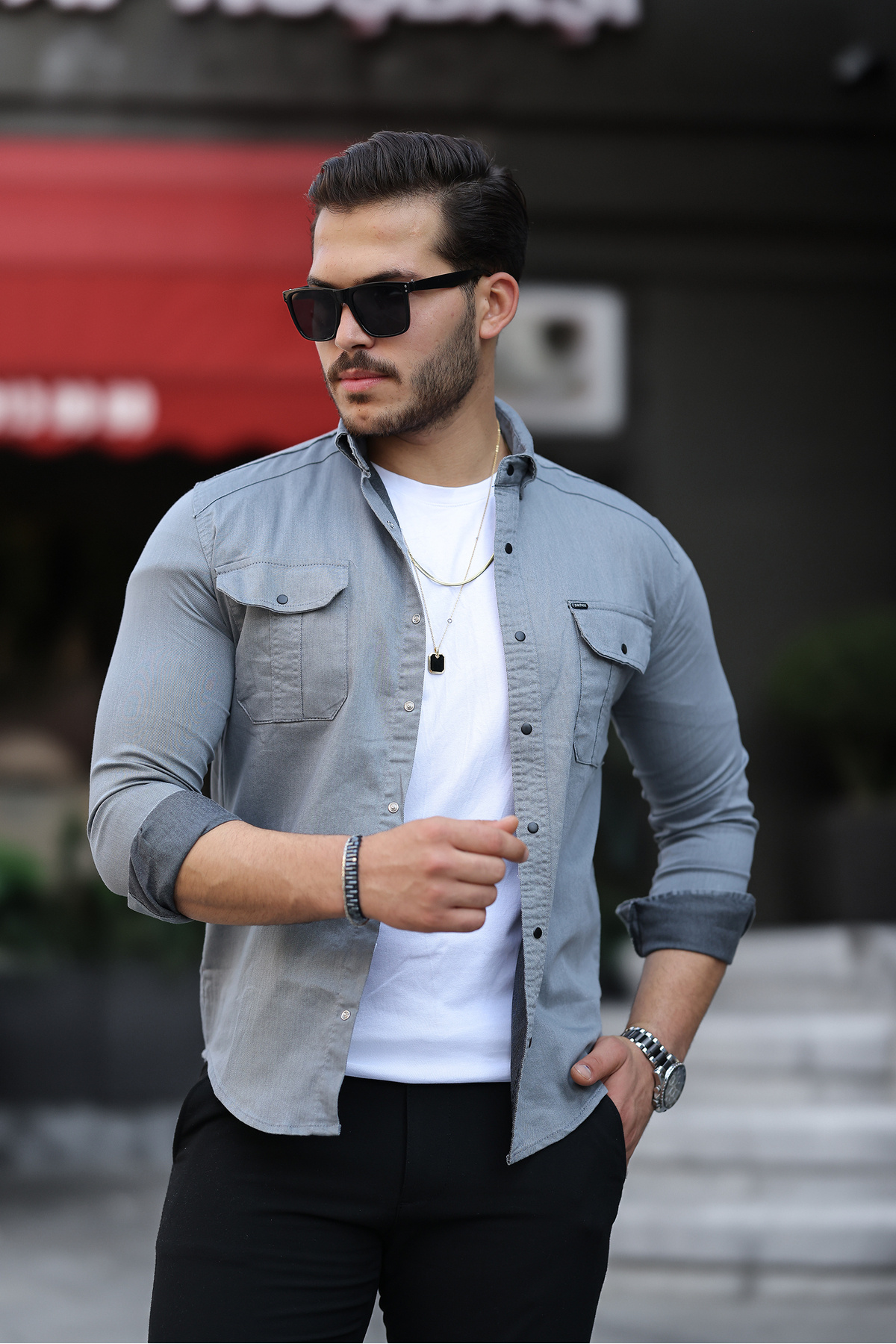 مرو لایف پیراهن جین مردانه خاکستری اسلیم فیت اسلیم کات