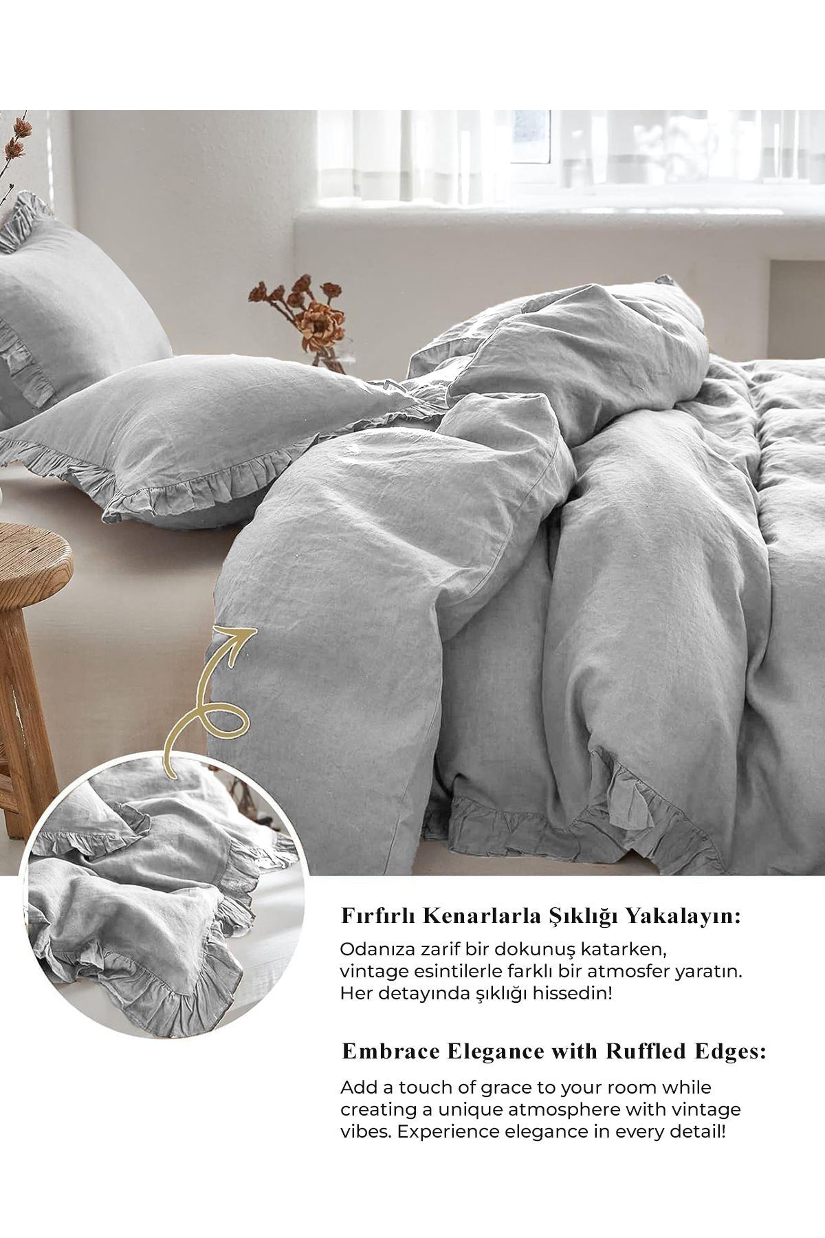 Evlen Home Collection-طقم غطاء لحاف ناعم مكشكش من القطن باللون الرمادي المزدوج - 4 قطع باريلا 2
