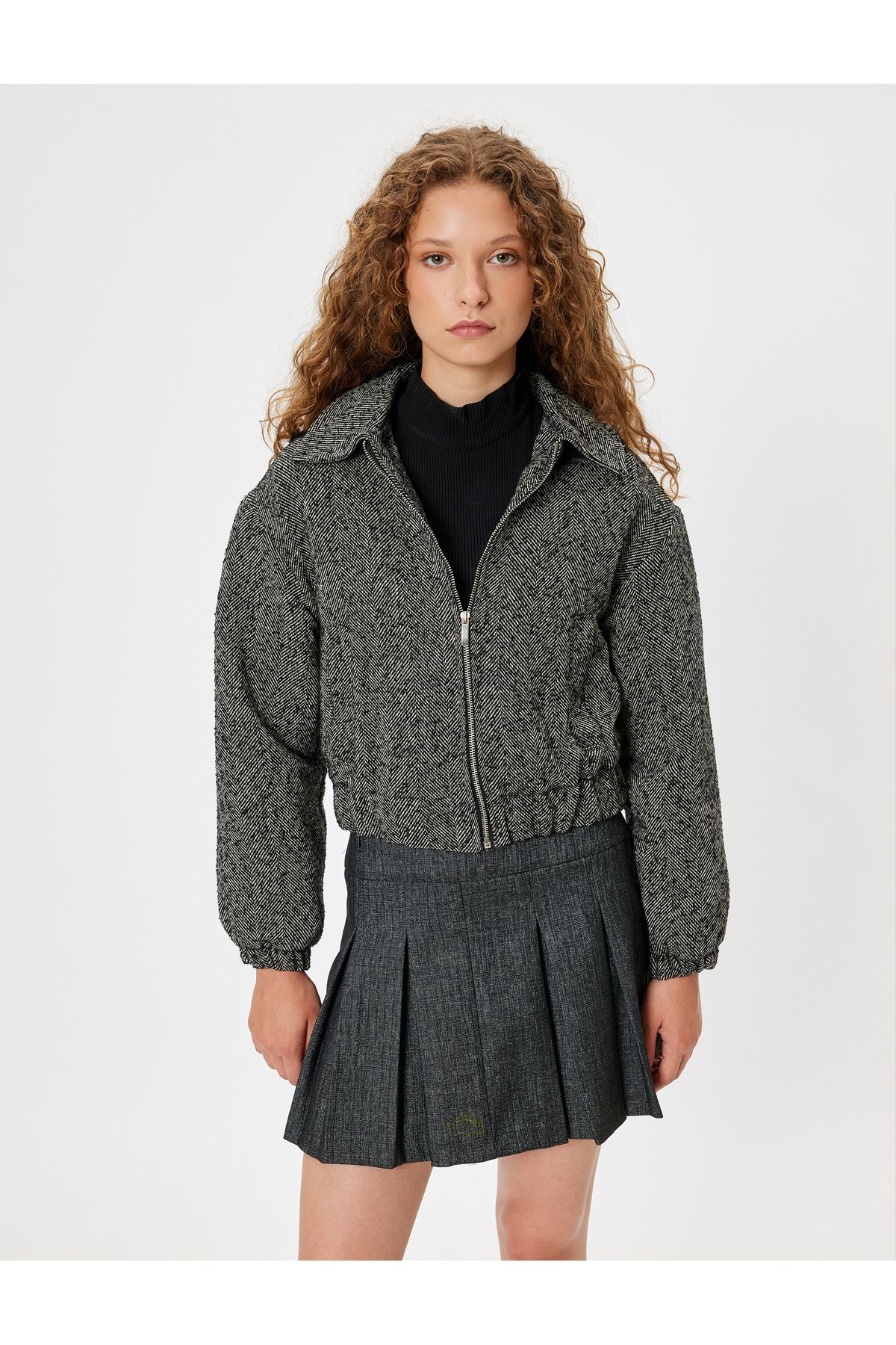 Koton-Hooded Bomber Jacket with Herringbone Pattern - Pocket and Zipper 3