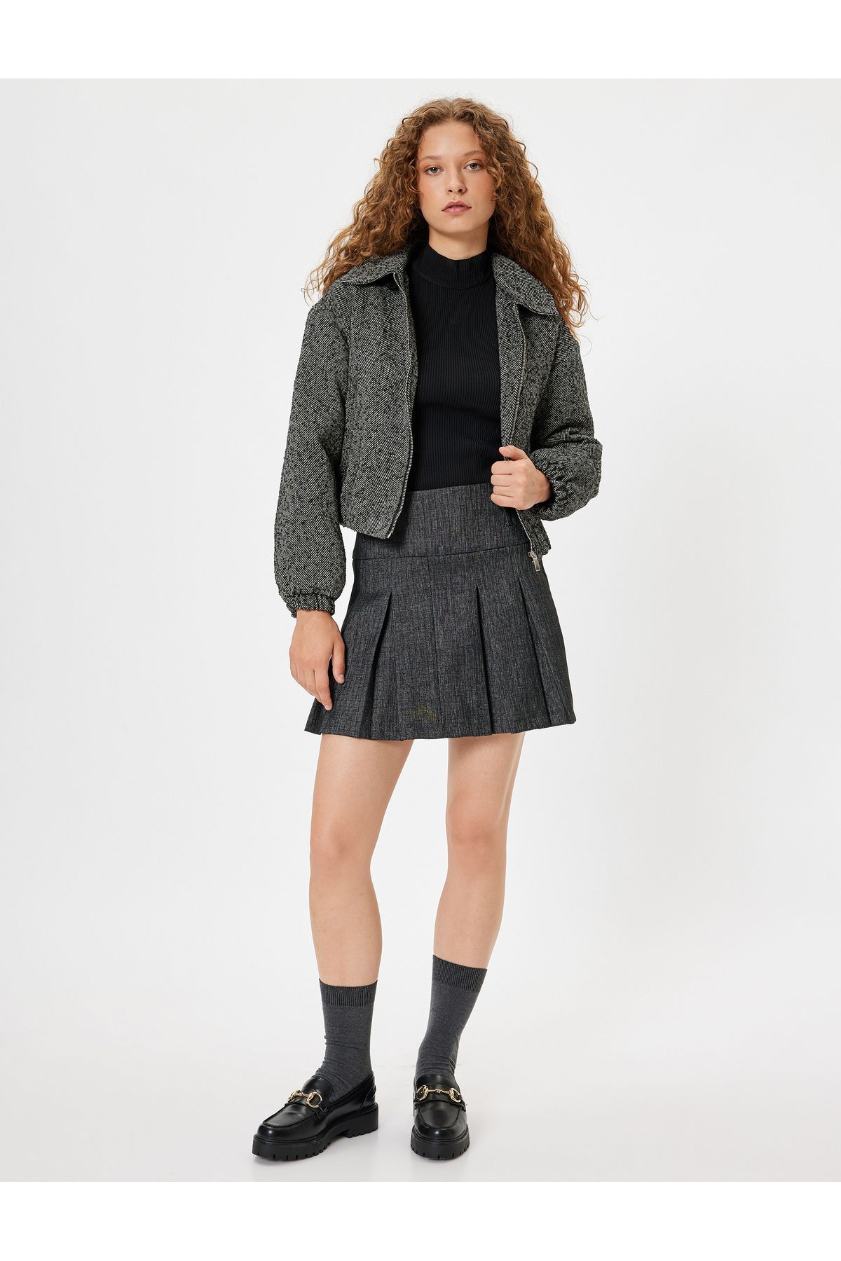 Koton-Hooded Bomber Jacket with Herringbone Pattern - Pocket and Zipper 2