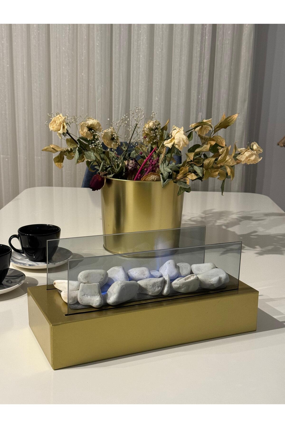 ARİF Metal Gold Renk Masa Üstü Şömine Sertifikalı Yakıt Ve Dekoratif Taş