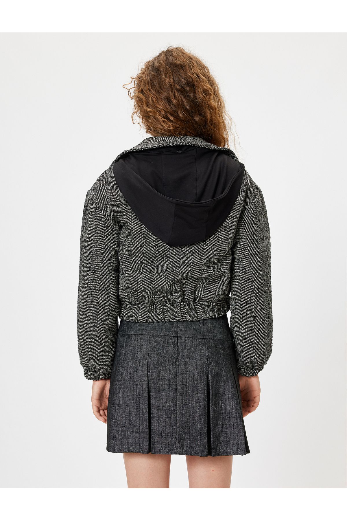 Koton-Hooded Bomber Jacket with Herringbone Pattern - Pocket and Zipper 4
