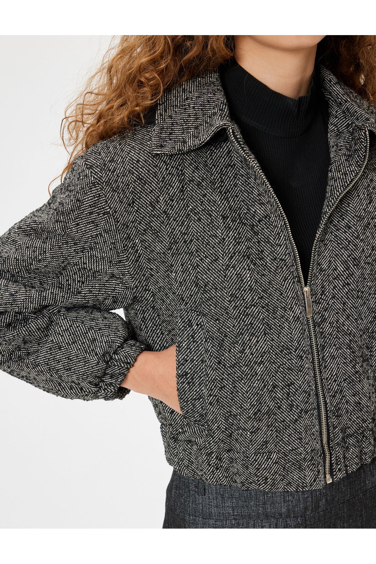 Koton-Hooded Bomber Jacket with Herringbone Pattern - Pocket and Zipper 5