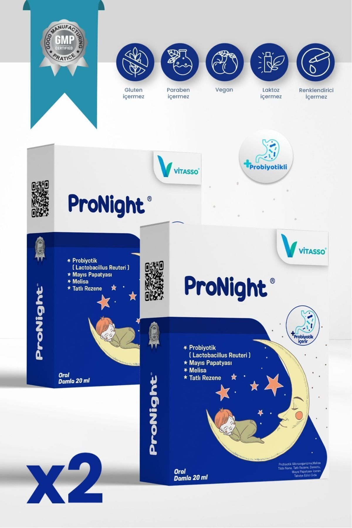 Vitasso Pronight Baby Bitkisel Bebek Çocuklar Için Probiyotik Içeren Gaz Ve Uyku Damlası 2'li Paket