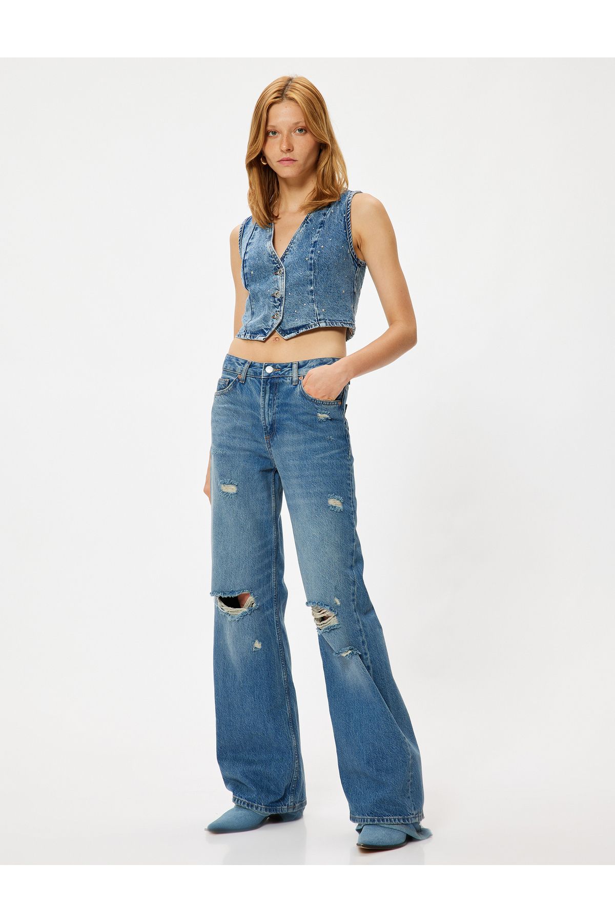 Geniş Paça Kot Pantolon Yıpratılmış Normal Bel Cepli Pamuklu - Wide Leg Jeans