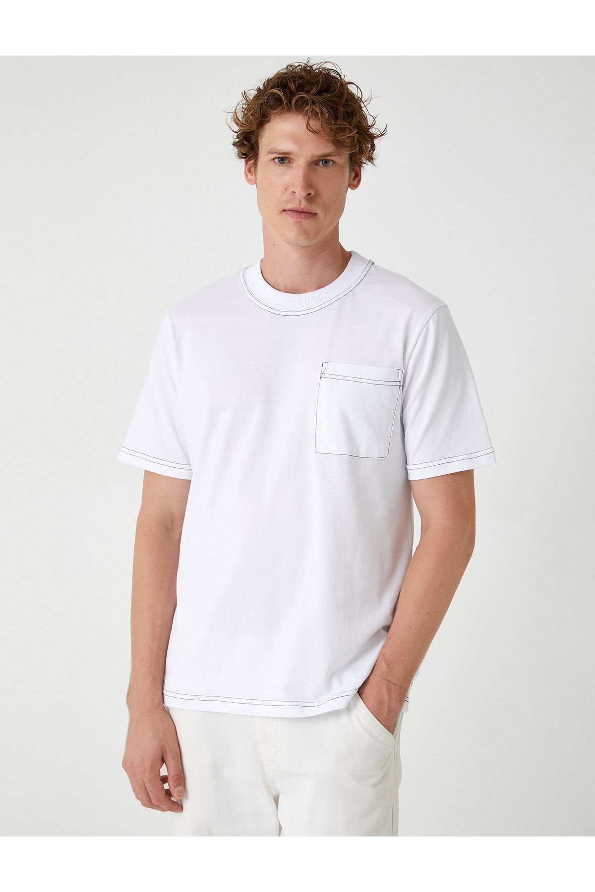 Koton-Crew Neck Short Sleeve Cotton T-Shirt - Stitching Detail and Pocket 3
