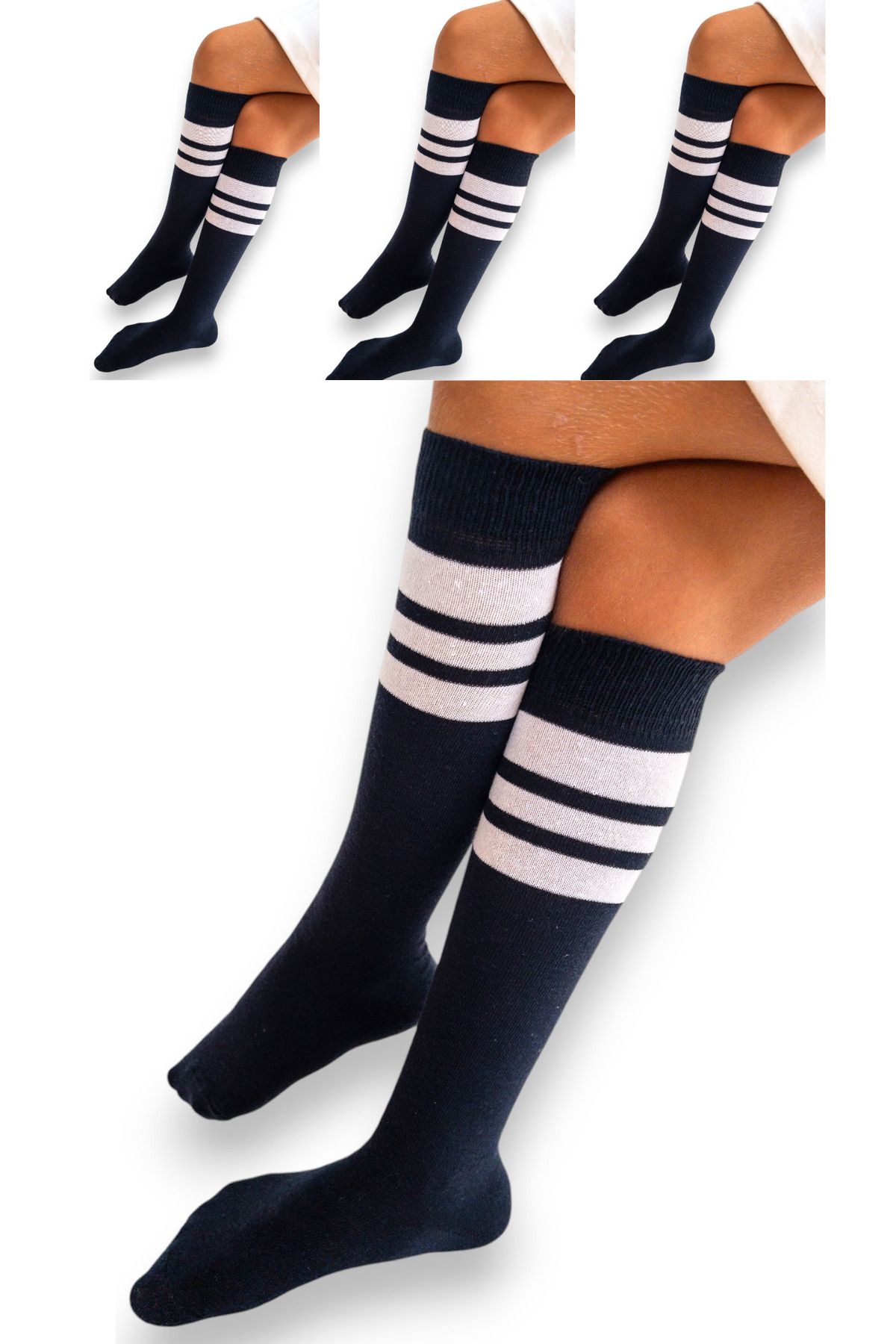 CİHO-Socks 4 Pairs Girls Women Navy Blue Striped Non-slip Below Knee Middle School High School College School Socks 1