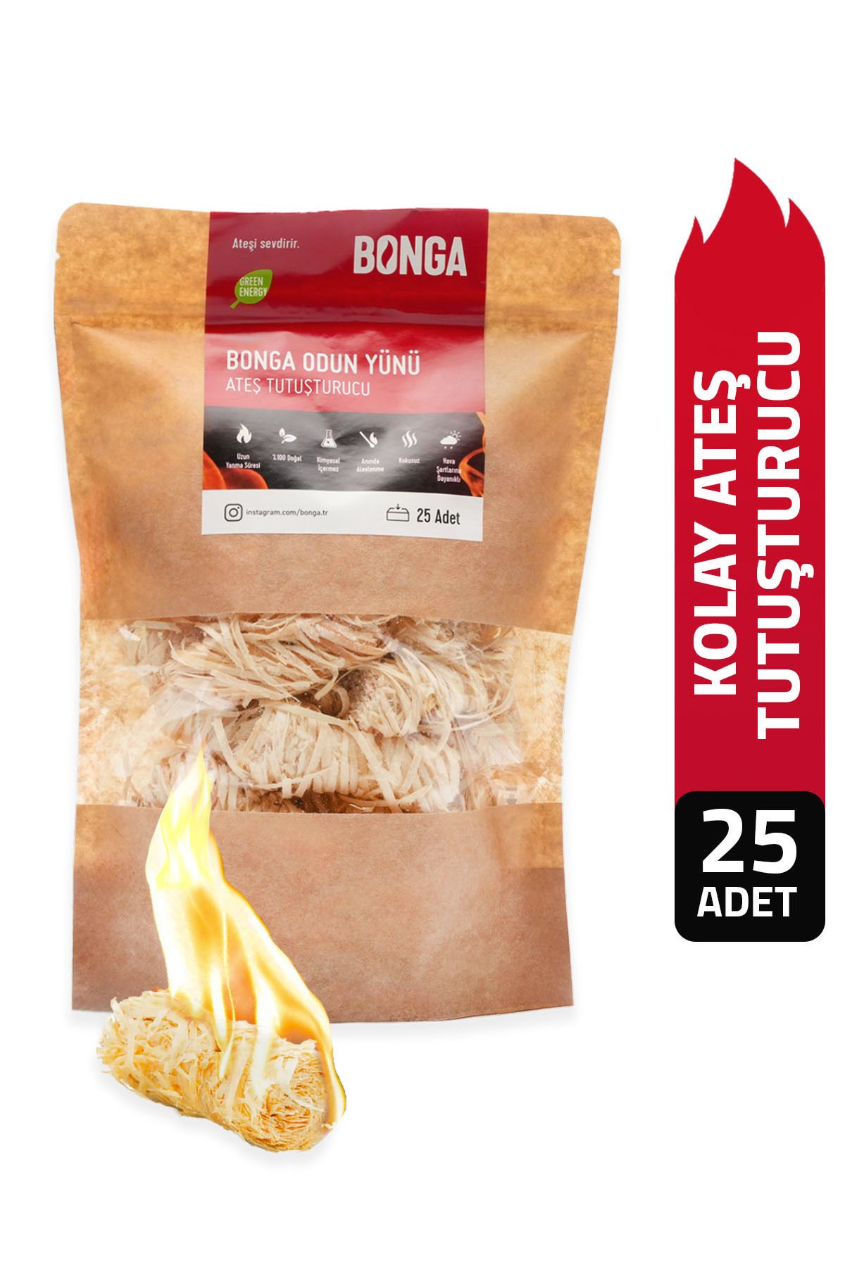 BONGA Şömine Ve Mangal Tutuşturucu 25 Adet 350 gr - Jel Ve Çıra Alternatifi Doğal Odun Yünü