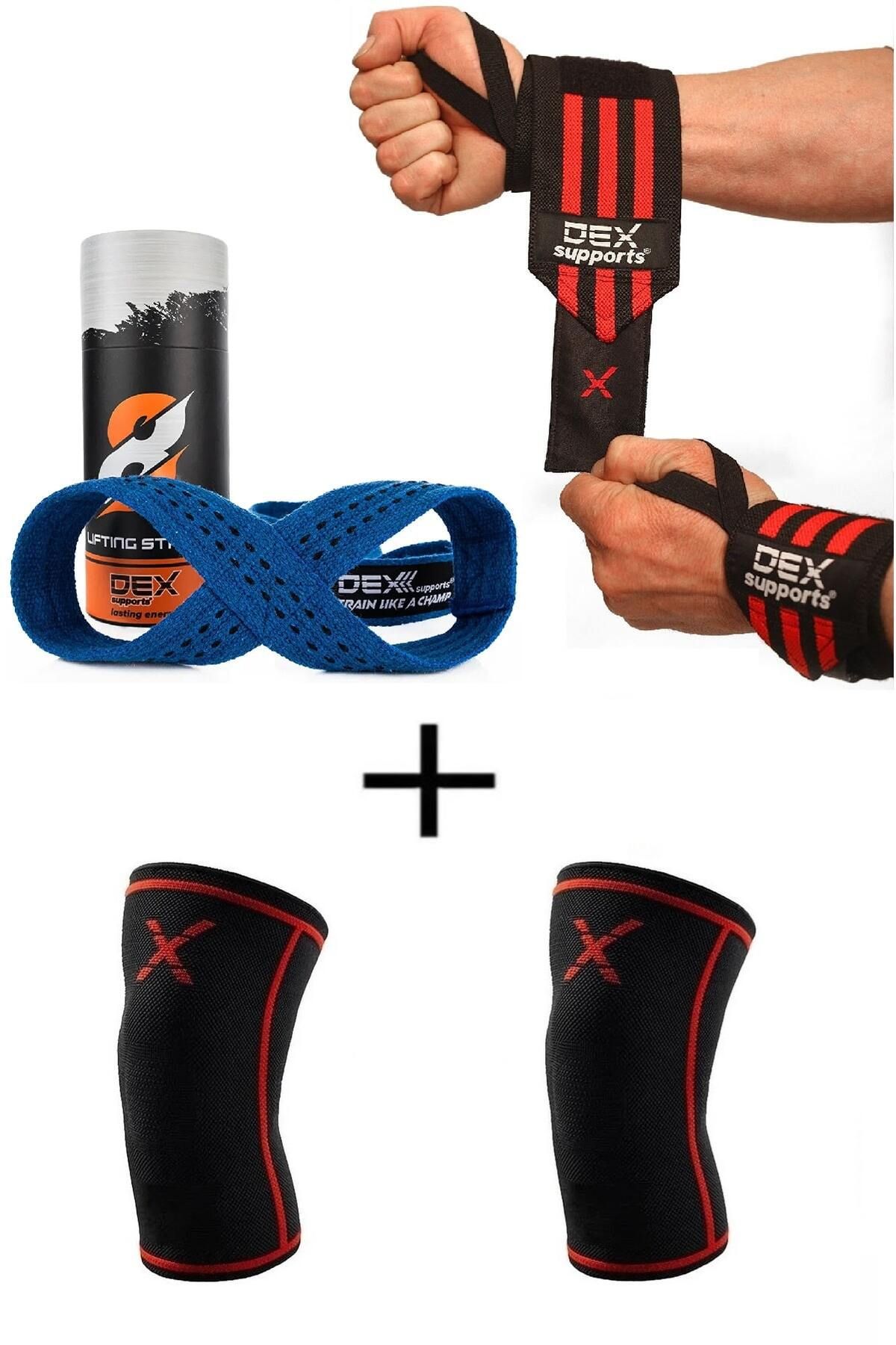 Dex Supports Fitness Bileklik Wrist Wraps+Fitness Dizliği Knee Sleeve+8 Loop Lifting Straps 3'lü Paket