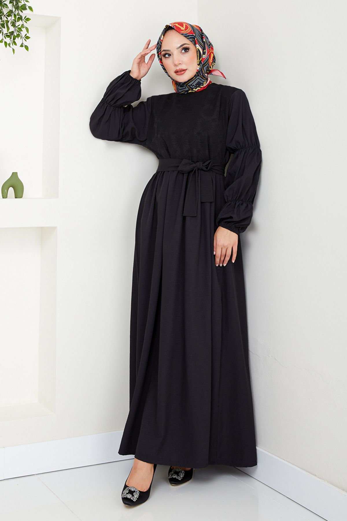 ModaMerve-Black Dress - 2453Hbs932-M, Elastic Sleeves 2