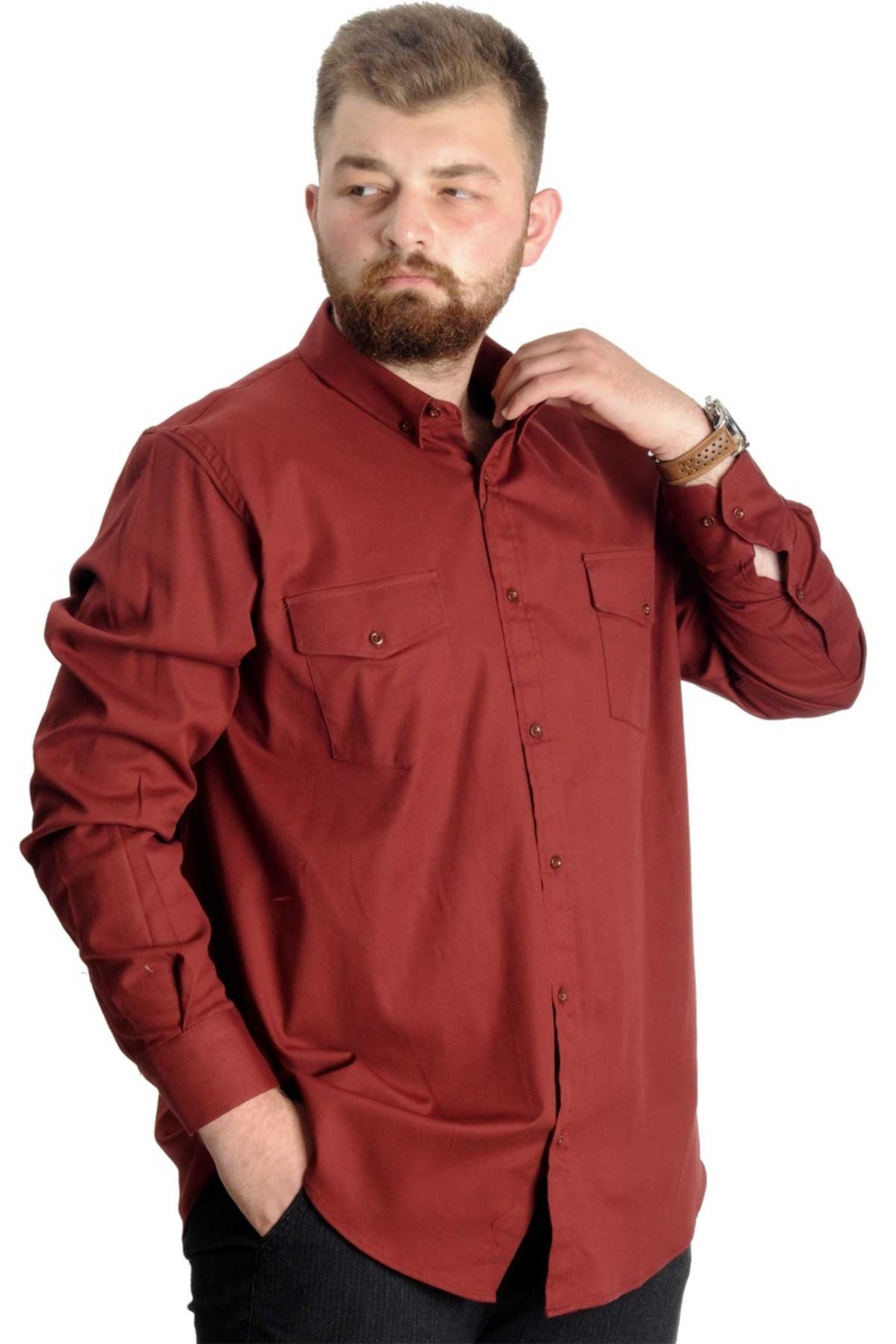 ModeXL Mode Xl Büyük Beden Gömlek Gabardin Çift Cep Kapaklı 20360 Bordo görsel 3