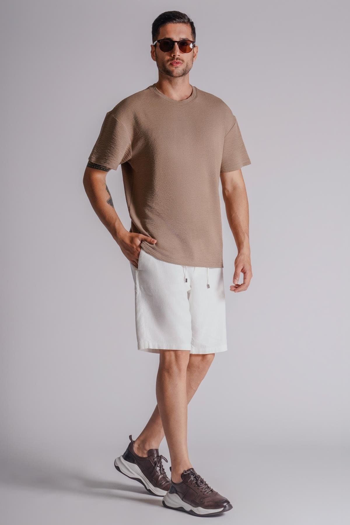 BRACCAS-Men's Linen Look Relaxed Fit Chino Shorts - With Side Pockets and Elastic Waist, Ecru 2