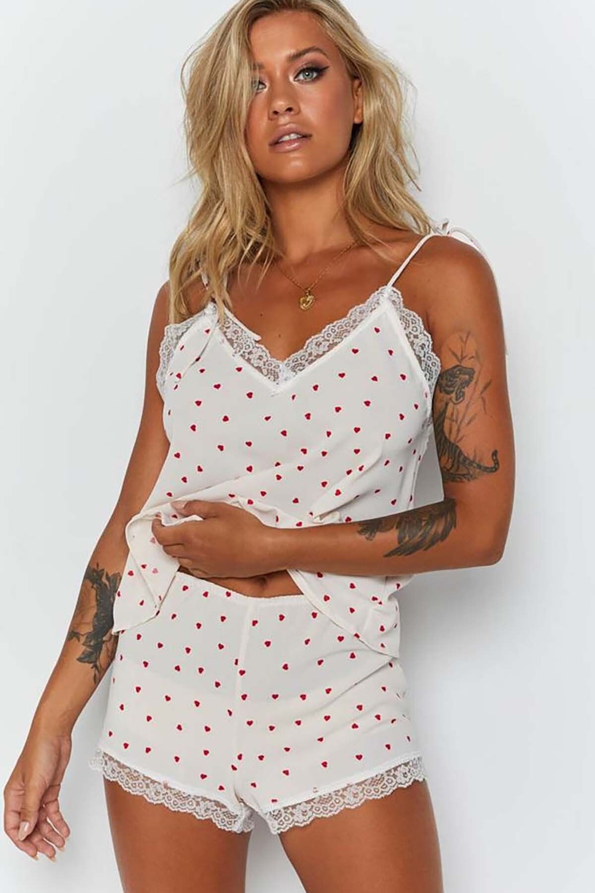 Merry See-Lace Embroidered Heart Shorts Pajama Set 4