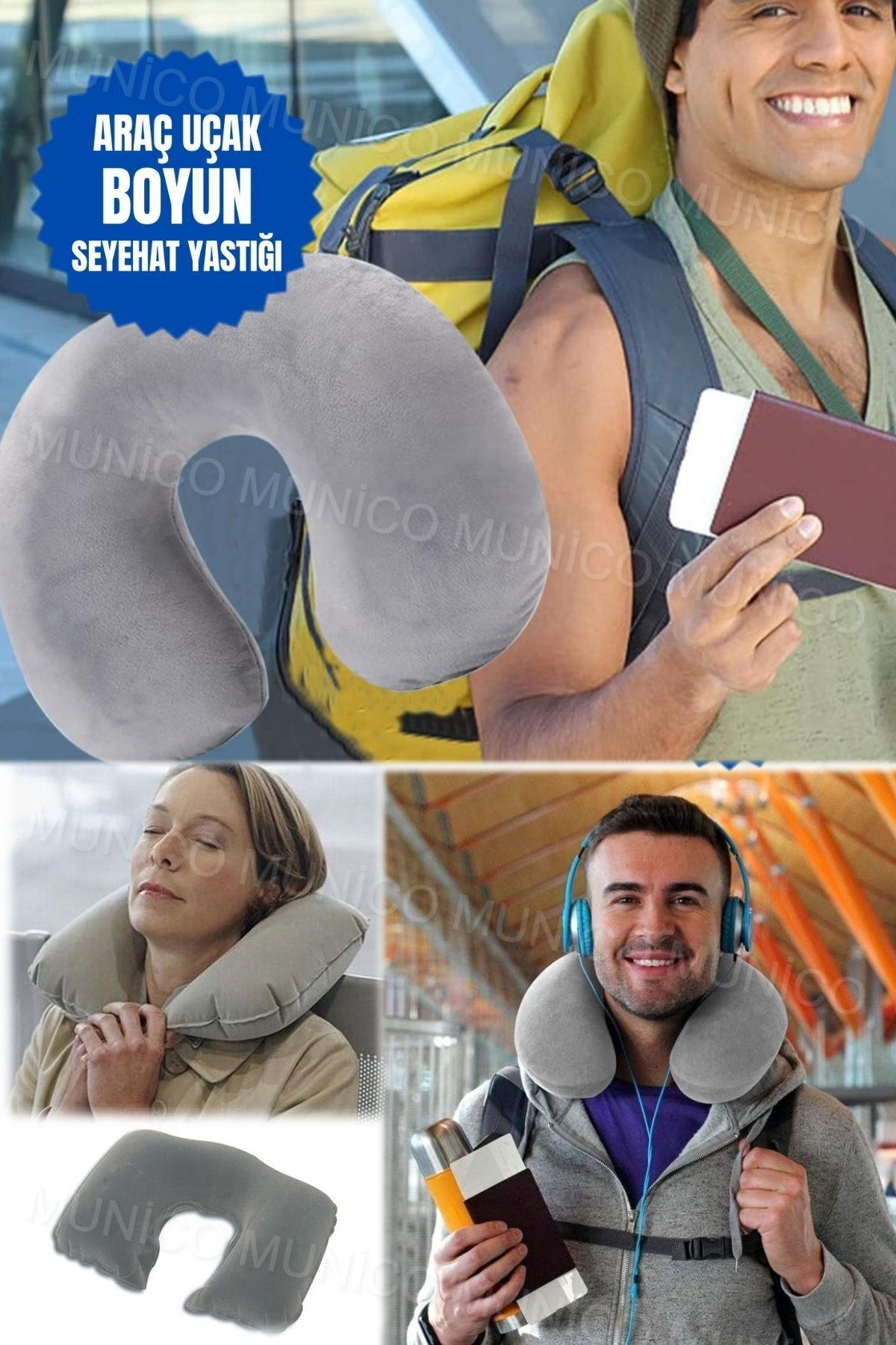 teknotrust Gri Şişme Boyun Yastığı, U şekilli, Seyahatlerde Rahat ve Ergonomik Destek
