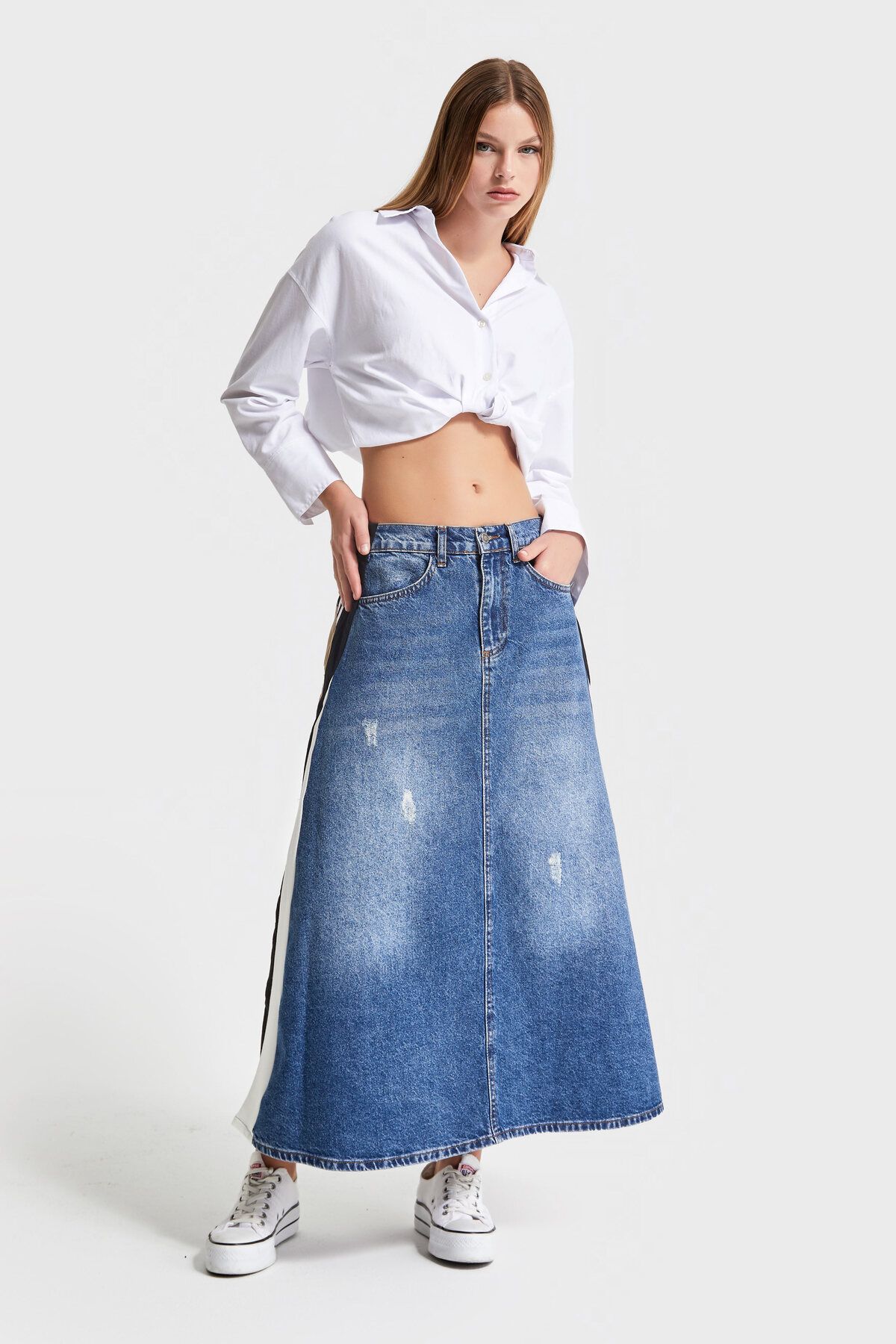 its basic-Fusta de damă de culoare denim dublă culoare specială cu lungime maxi 4