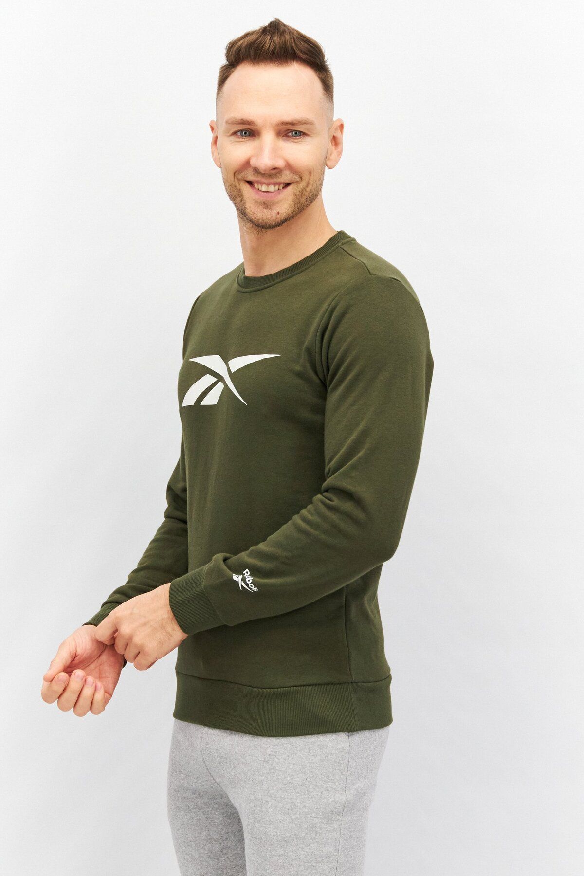 Reebok-Men Sportswear Fit Long Sleeve Outdoor Sweatshirts, Taupe Green 3