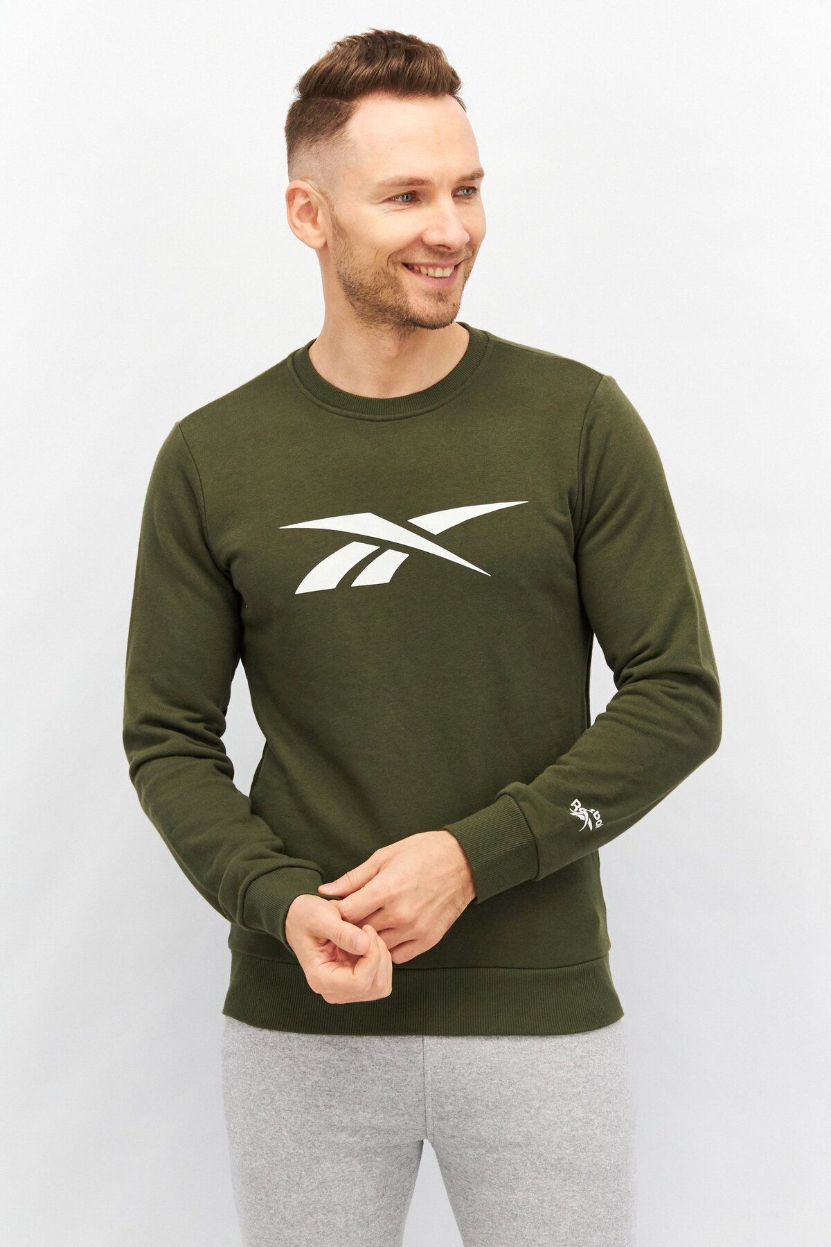 Reebok-Men Sportswear Fit Long Sleeve Outdoor Sweatshirts, Taupe Green 1