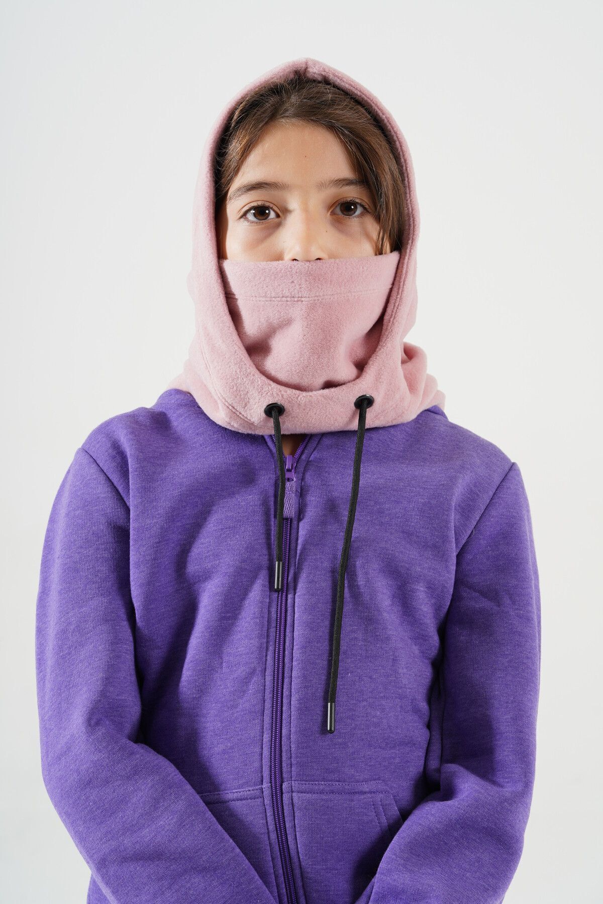 Cosy Club Shop Kız Çocuk Pudra Polar Balaklava Rüzgar Geçirmez Sıcak Tutan Kar Maskesi Boyunluk Şapka Atkı