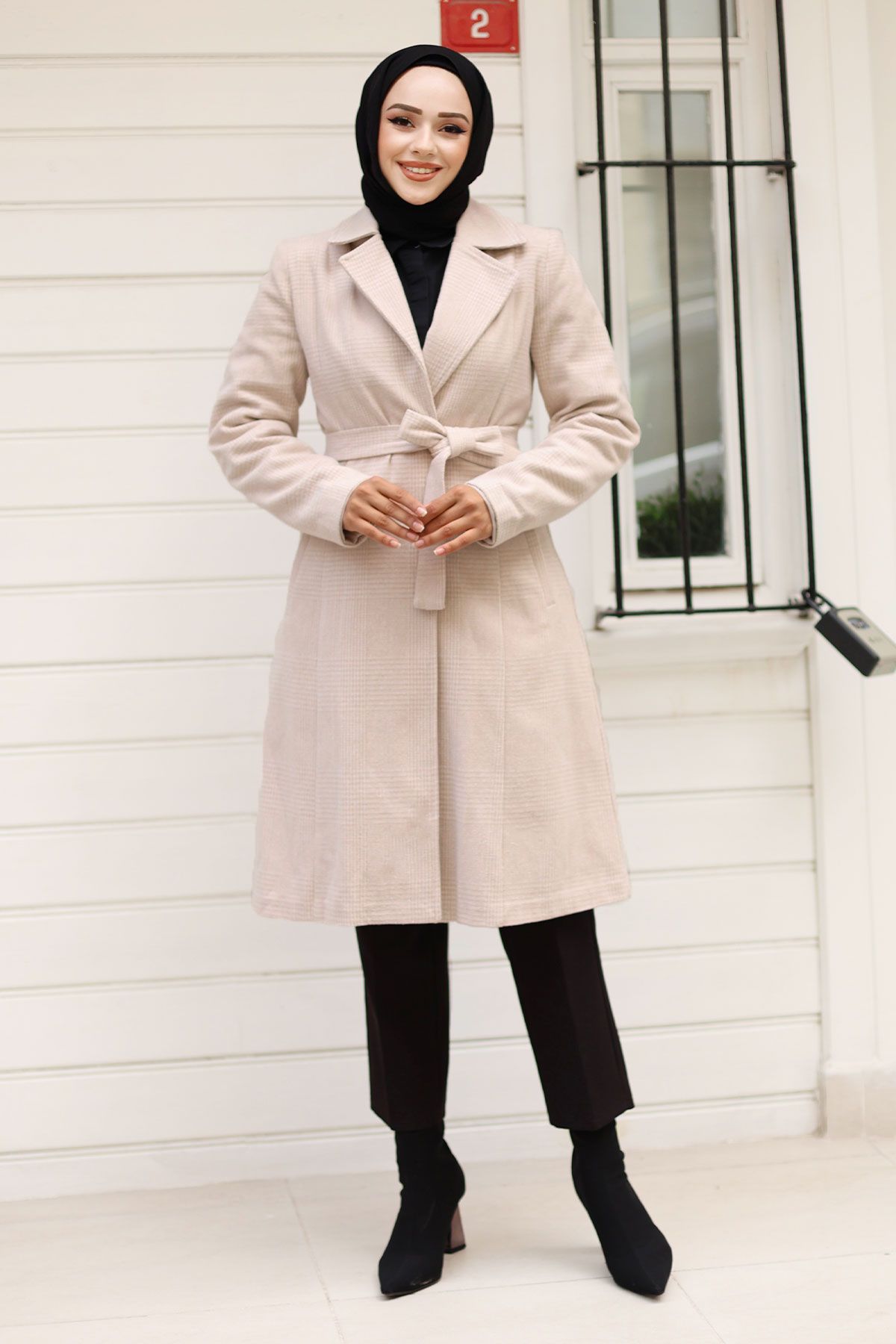 Tesettür Dünyası-Beige Double Buttoned and Waist Belted Coat - Tsd 240928 3