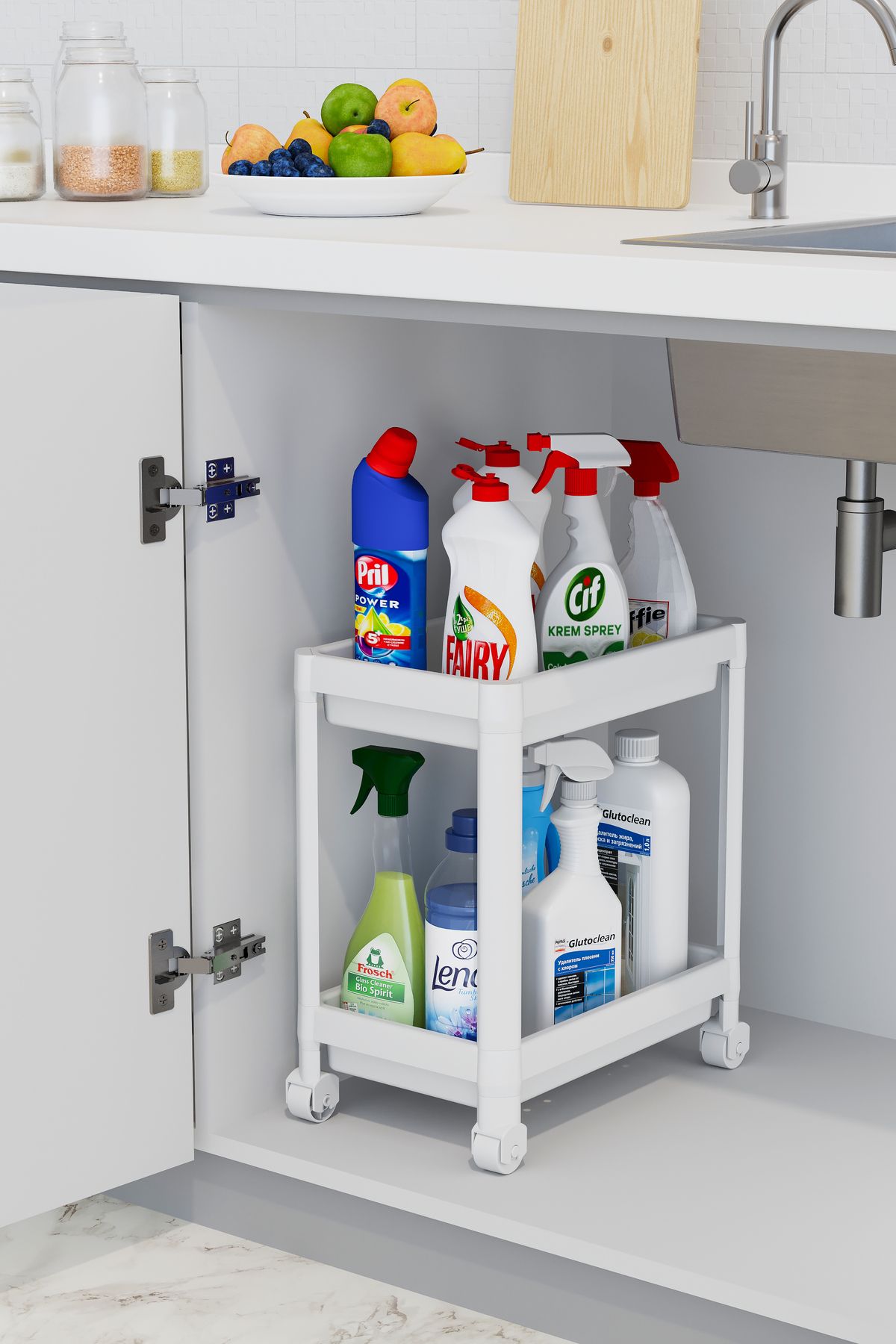 Ecolux-Organizator alb pe raft cu 2 niveluri - Dulap de baie cu roți, suport pentru detergent sub blat și chiuvetă de bucătărie 1