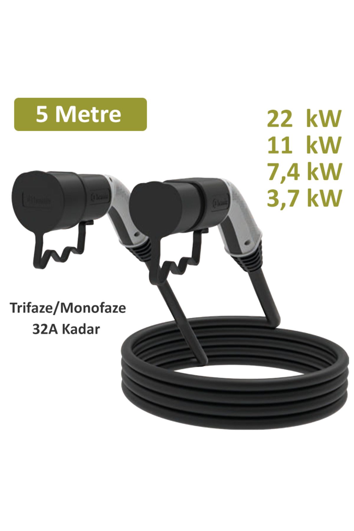 Bemis 5m, 22kw-16kw-11kw-7,4kw-5kw 3 Faz 32a Kadar Uyumlu Elektrikli Araç Şarj Kablosu