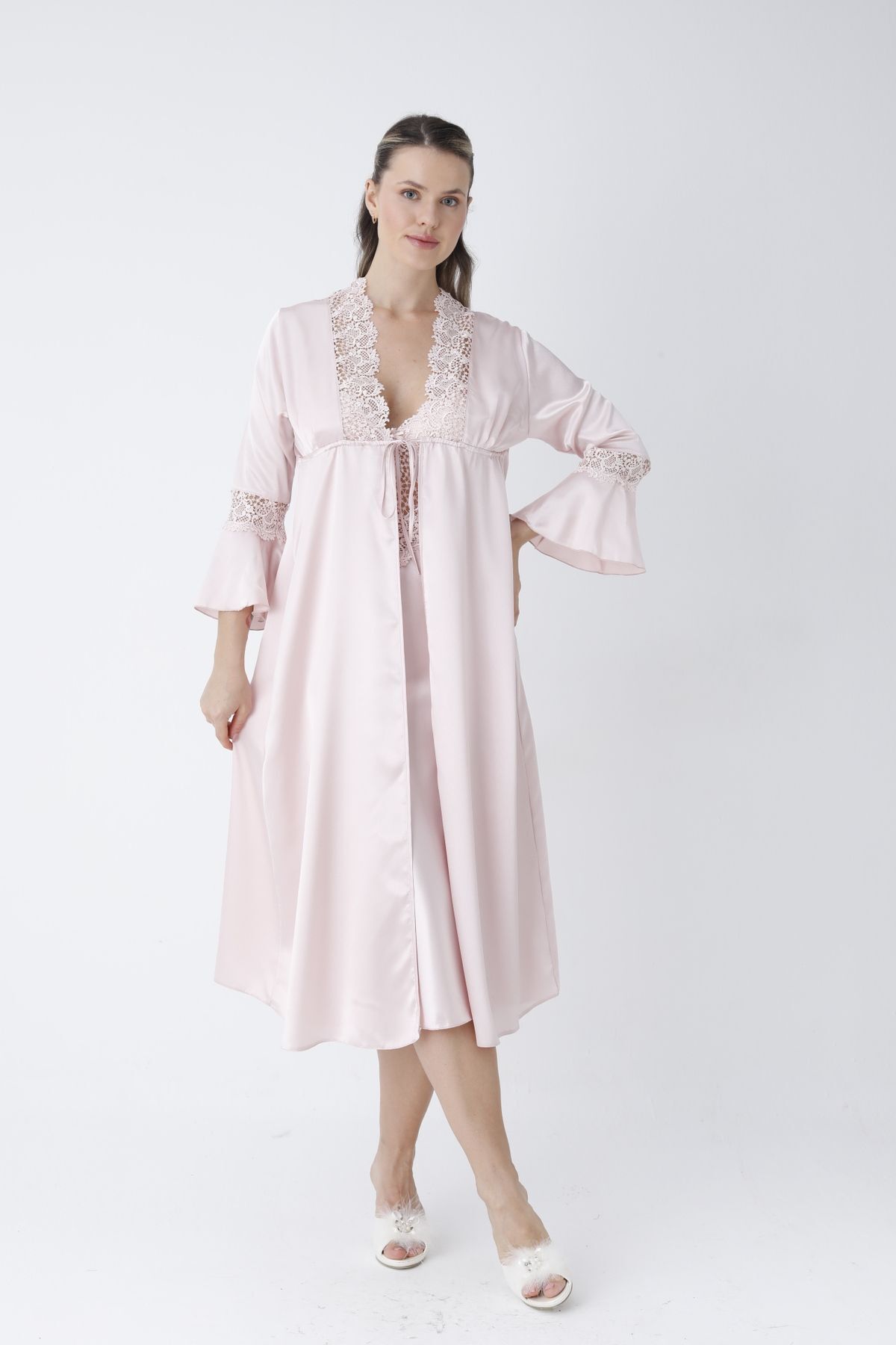 KARLİNAX Pudra Güpür Detaylı 4’lü Saten Set