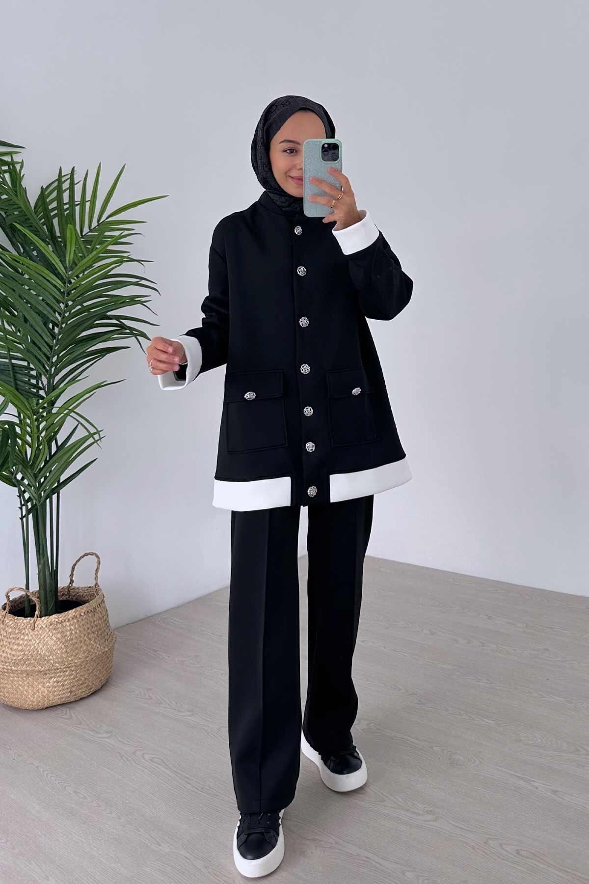 Ka Hijab-Elegant Button Detailed Double Scuba Suit - Black 1