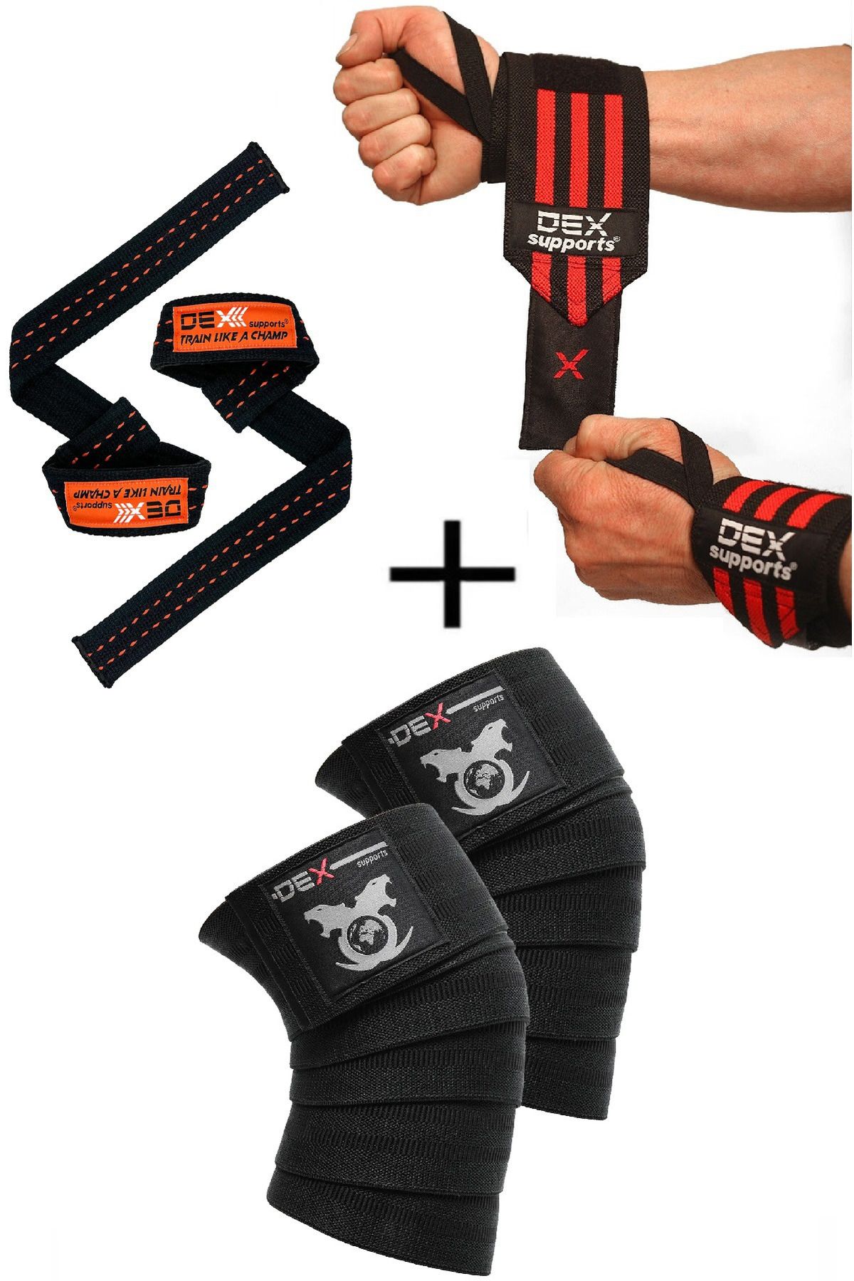 Dex Supports Spor Bilekliği Wrist Wraps+Spor Dizliği Knee Wraps Legend+Ağırlık Kayışı Lifting Straps 3'lü Paket