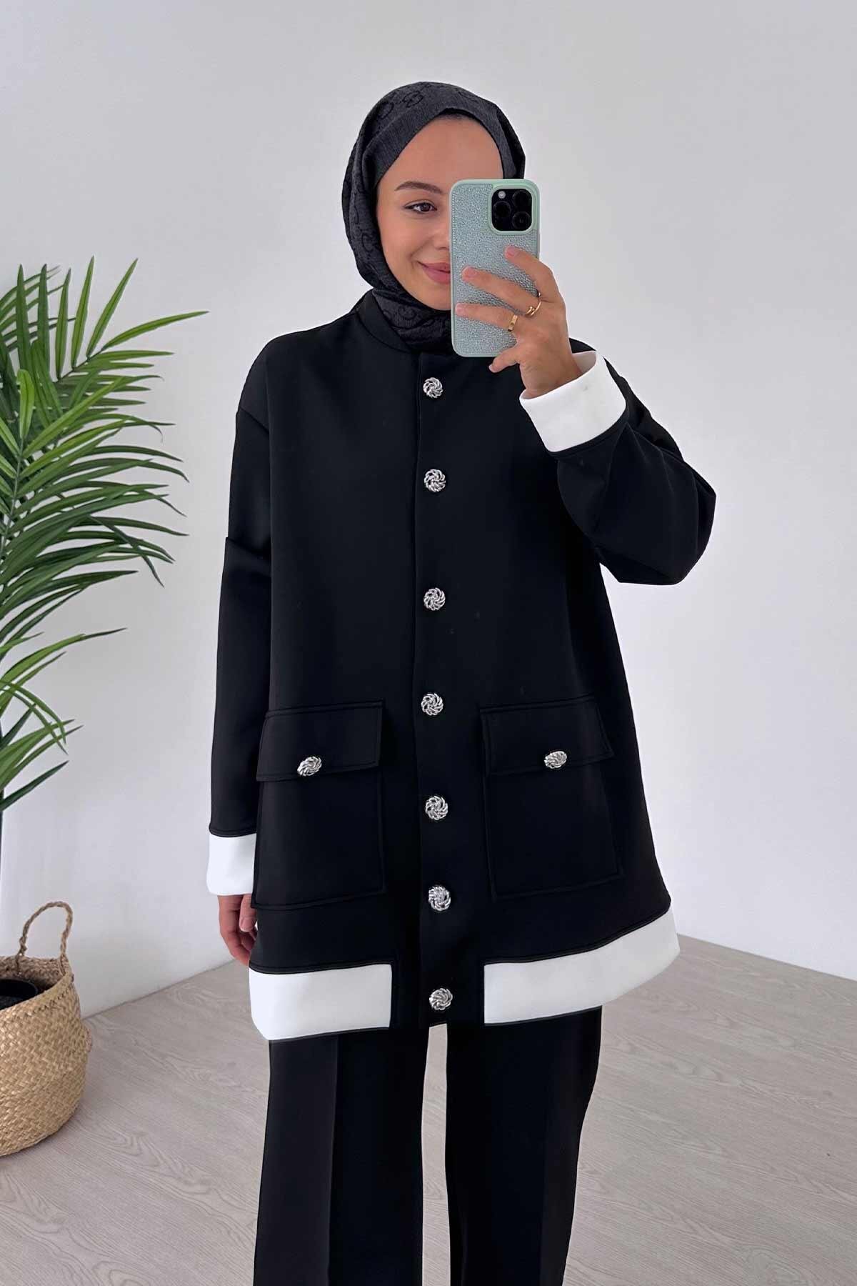 Ka Hijab-Elegant Button Detailed Double Scuba Suit - Black 3
