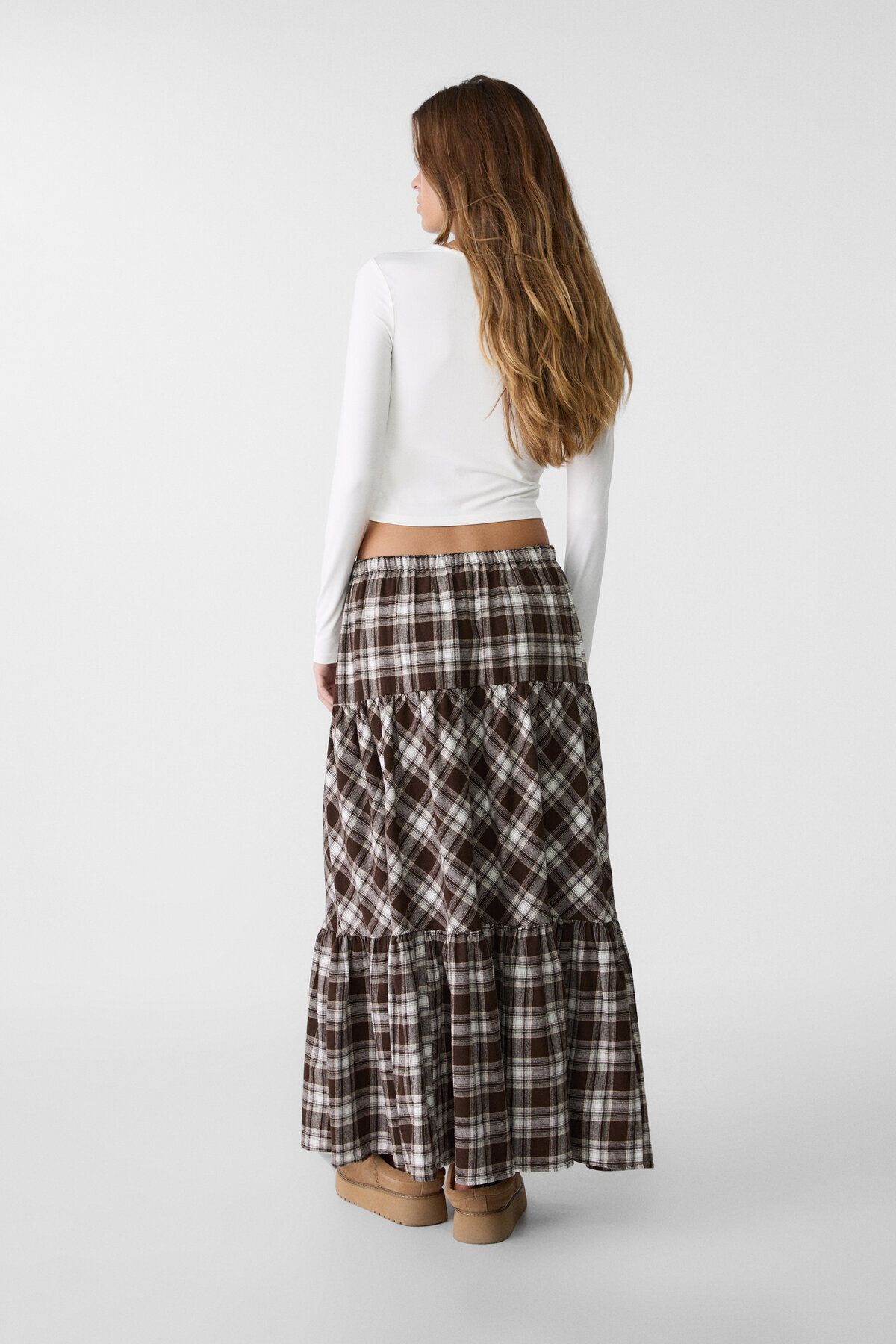 Stradivarius-Draped and Checkered Long Skirt 3