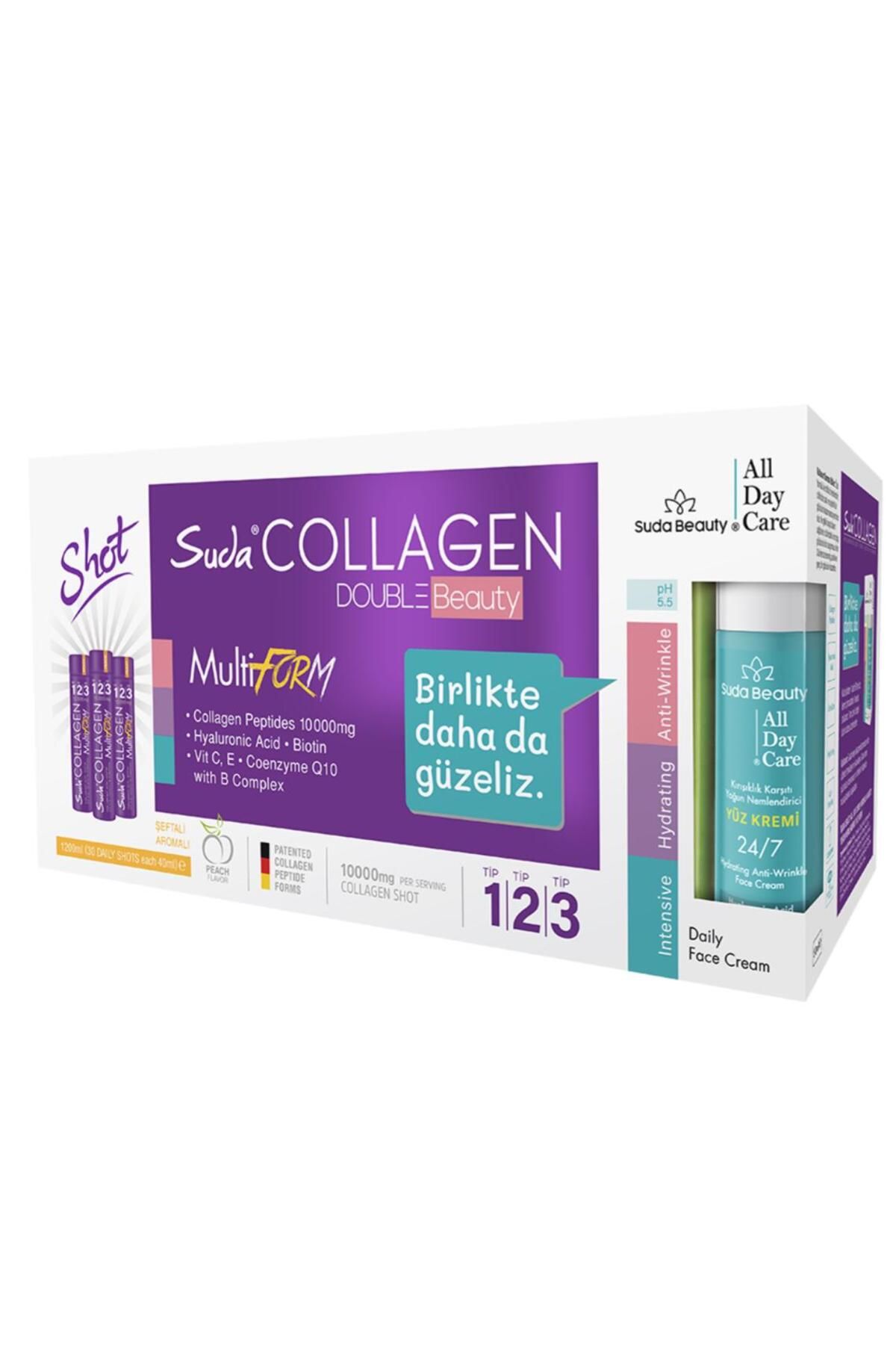 Suda Collagen Double Beauty 40mlx30 Shot Şeftali (Tip I-II-III 10.000mg Kolajen ) + All Day Care Yüz Kremi 50ml