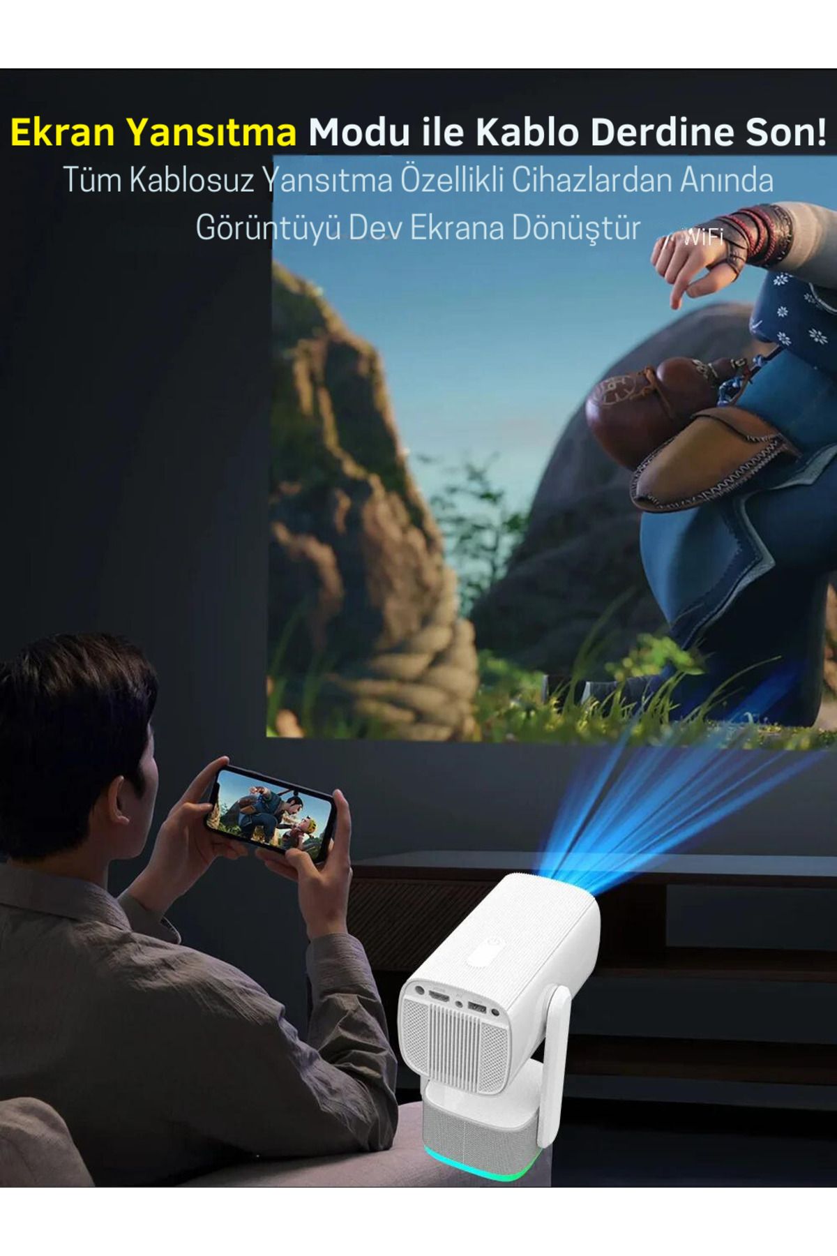 Powerbanklı Android Taşınabilir Projeksiyon Wifi Ve 4k Destekli Rgb Led Akıllı Sinema Projektör - 6