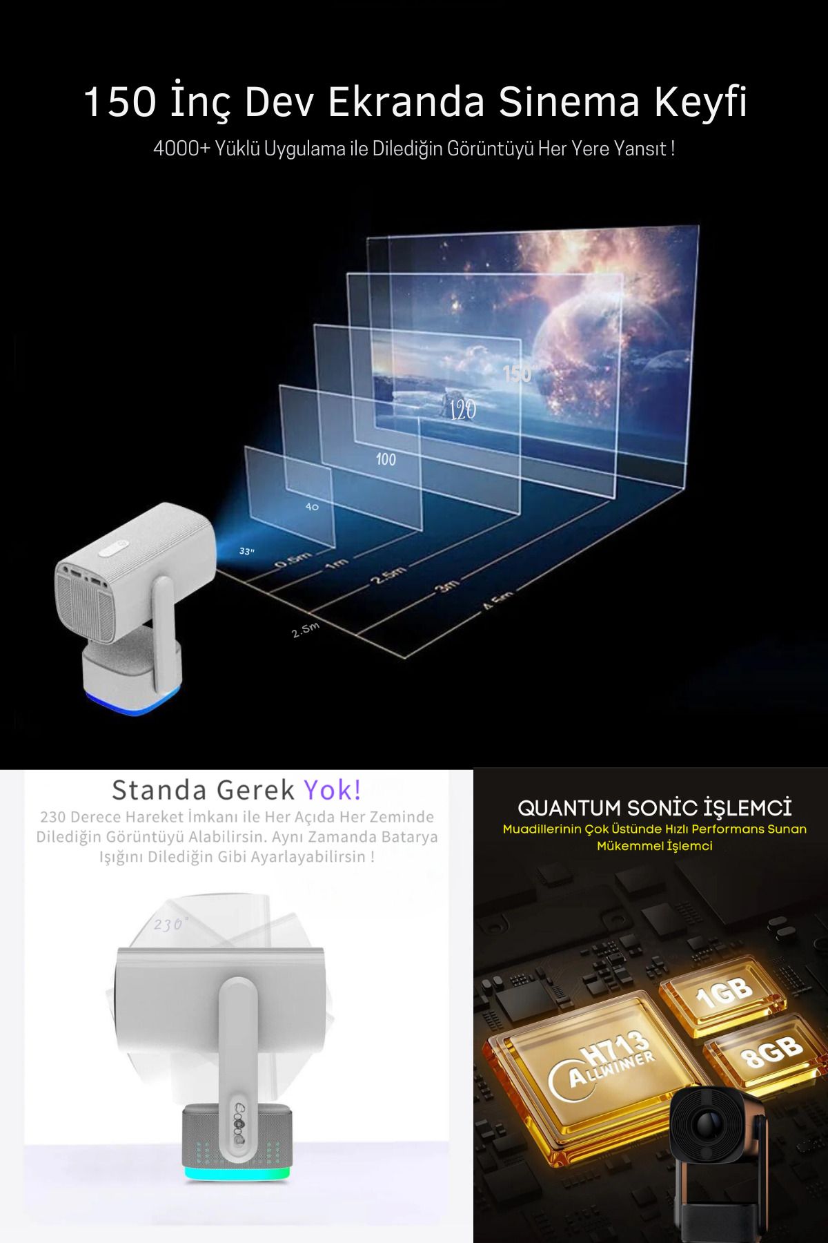 Powerbanklı Android Taşınabilir Projeksiyon Wifi Ve 4k Destekli Rgb Led Akıllı Sinema Projektör - 9