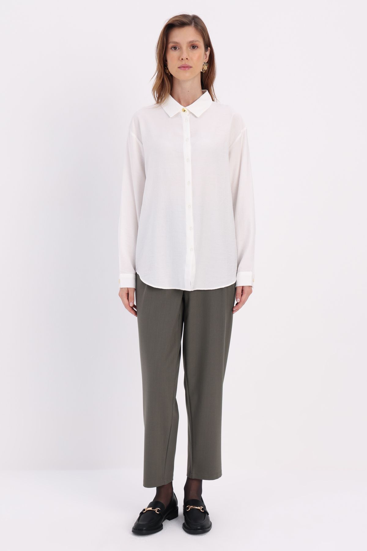 ALLDAY-Ecru Large Size Stylish Buttoned Shirt with Cuff Detail 2