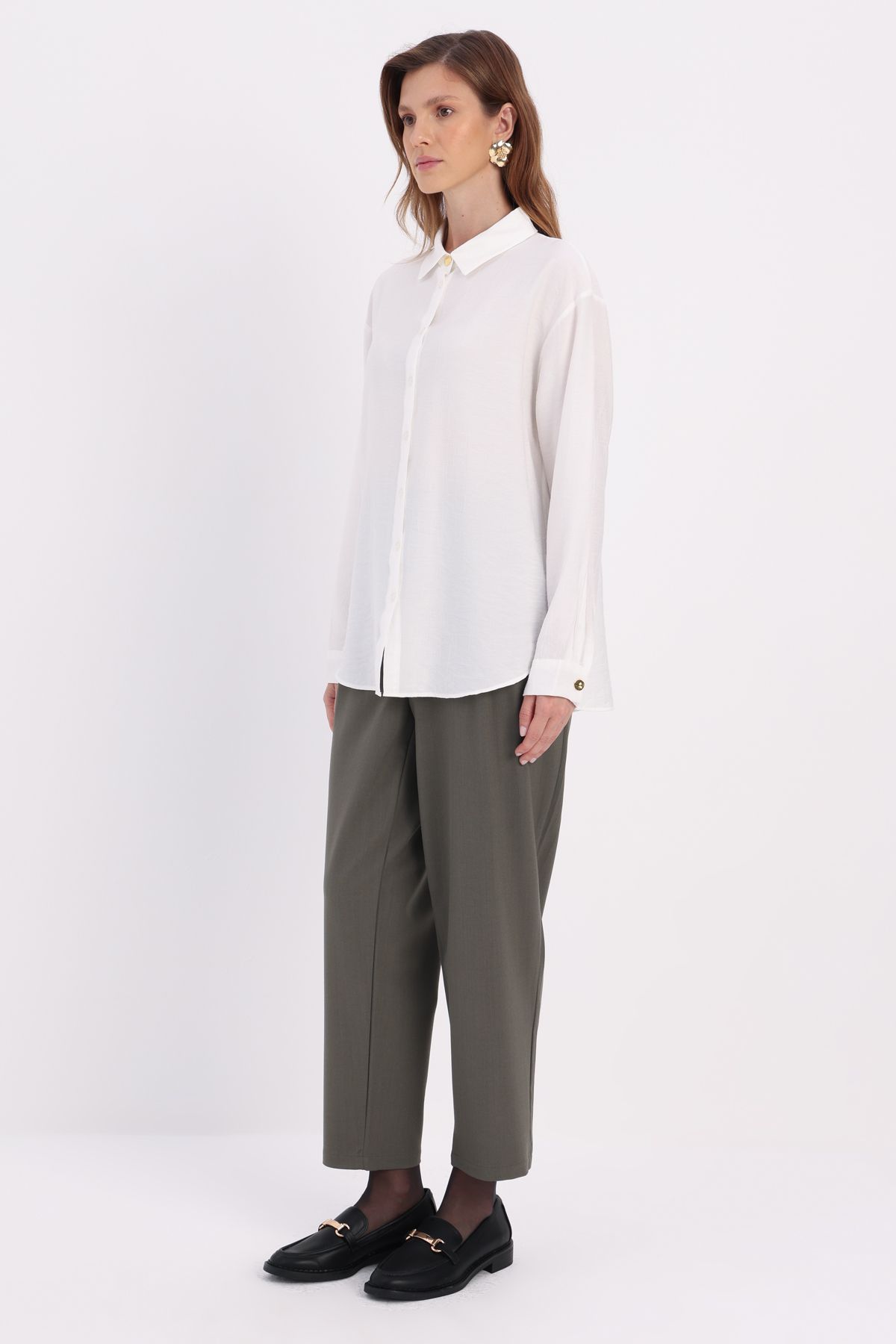 ALLDAY-Ecru Large Size Stylish Buttoned Shirt with Cuff Detail 3