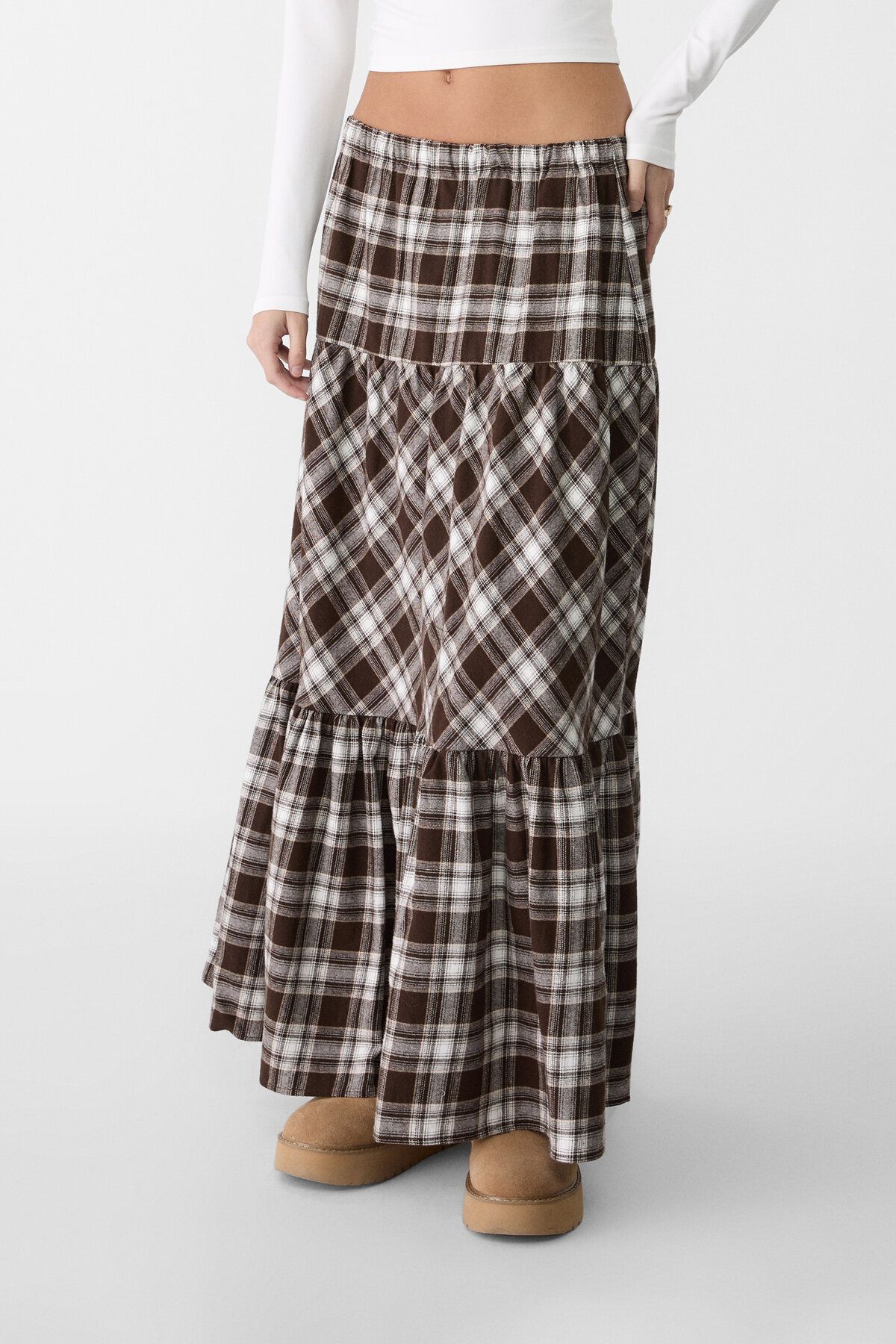 Stradivarius-Draped and Checkered Long Skirt 2