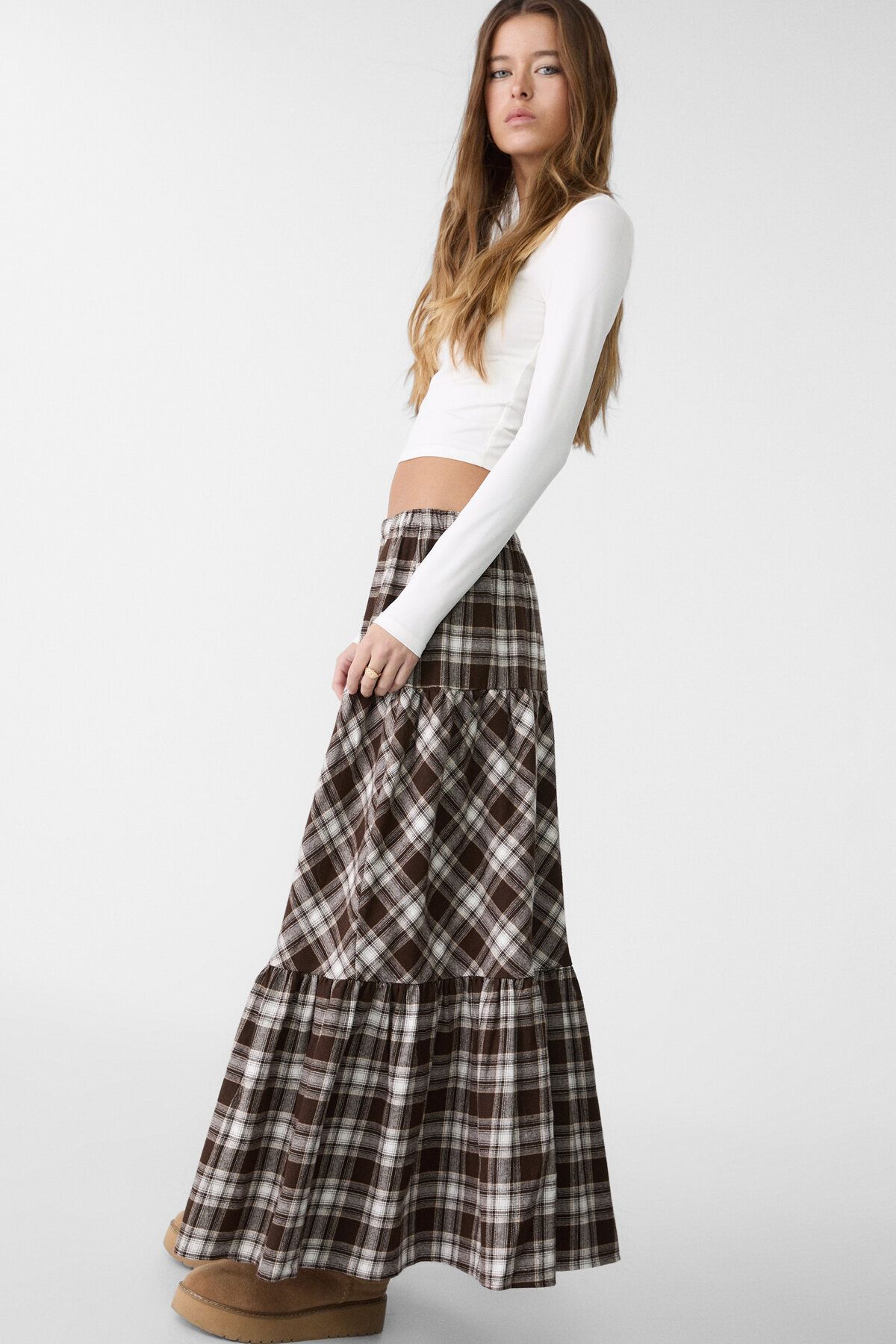 Stradivarius-Draped and Checkered Long Skirt 4