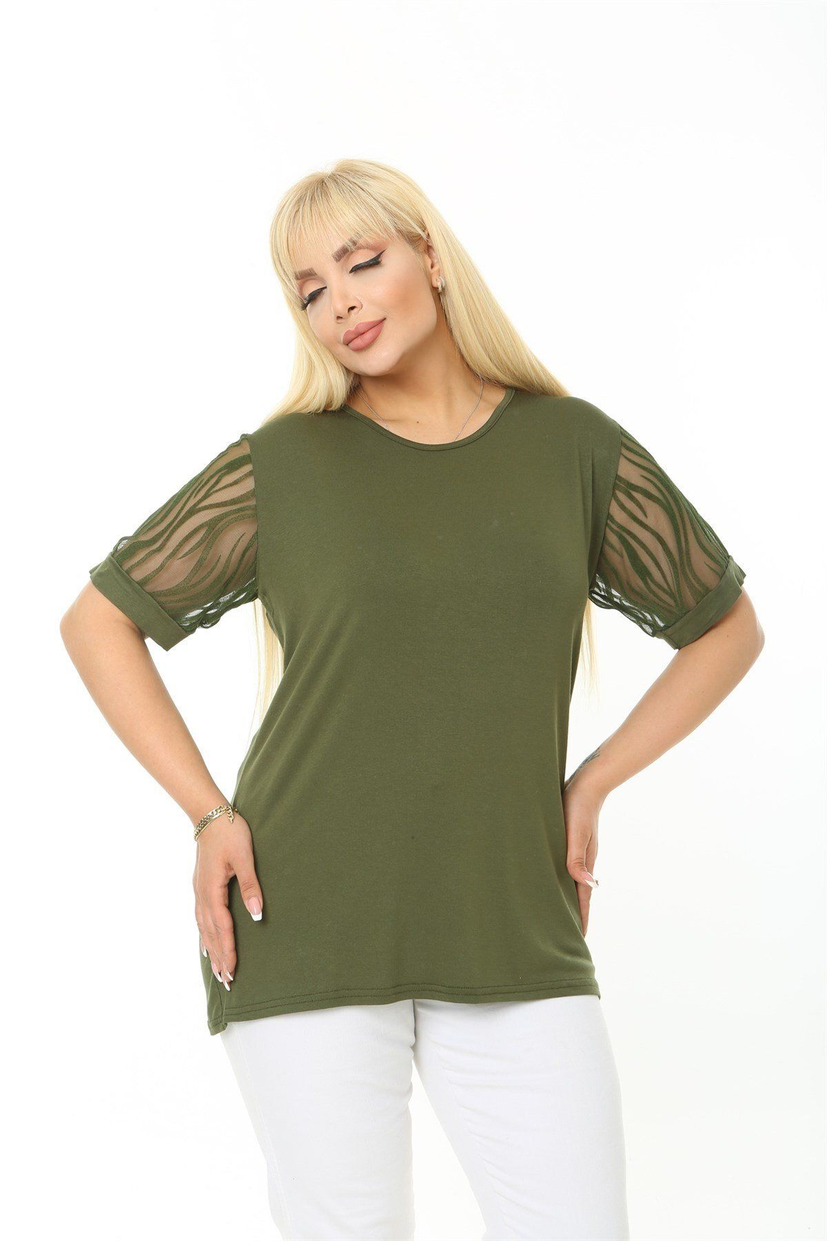 EGZEBRU-Plus Size Zebra Print Khaki Blouse - Short Sleeve 4