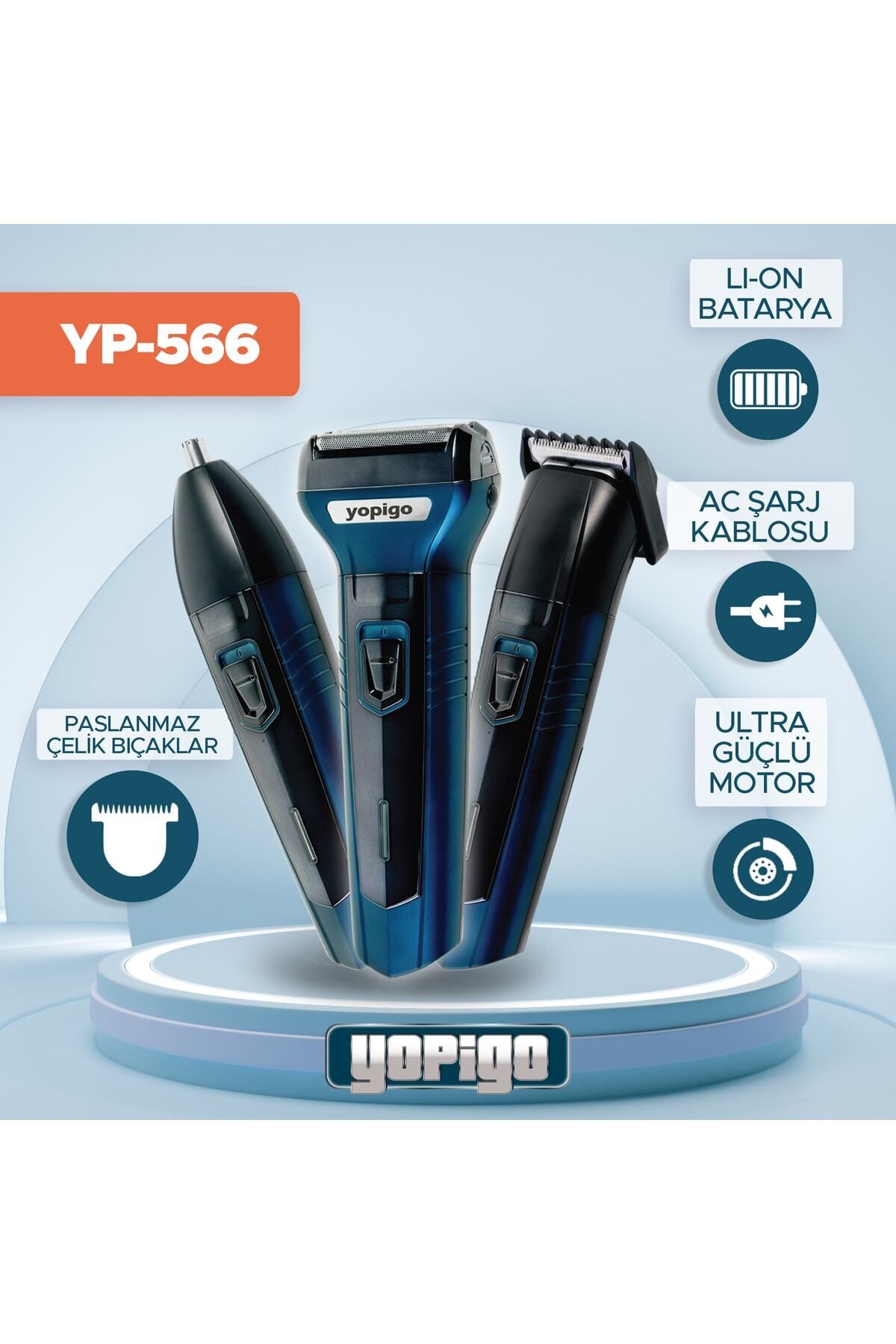 yopigo Yeni Pro Model - Mavi 3 In 1 Profesyonellerin Tercihi Saç Sakal Kesme Ense Burun Tıraş Makinesi Seti-2