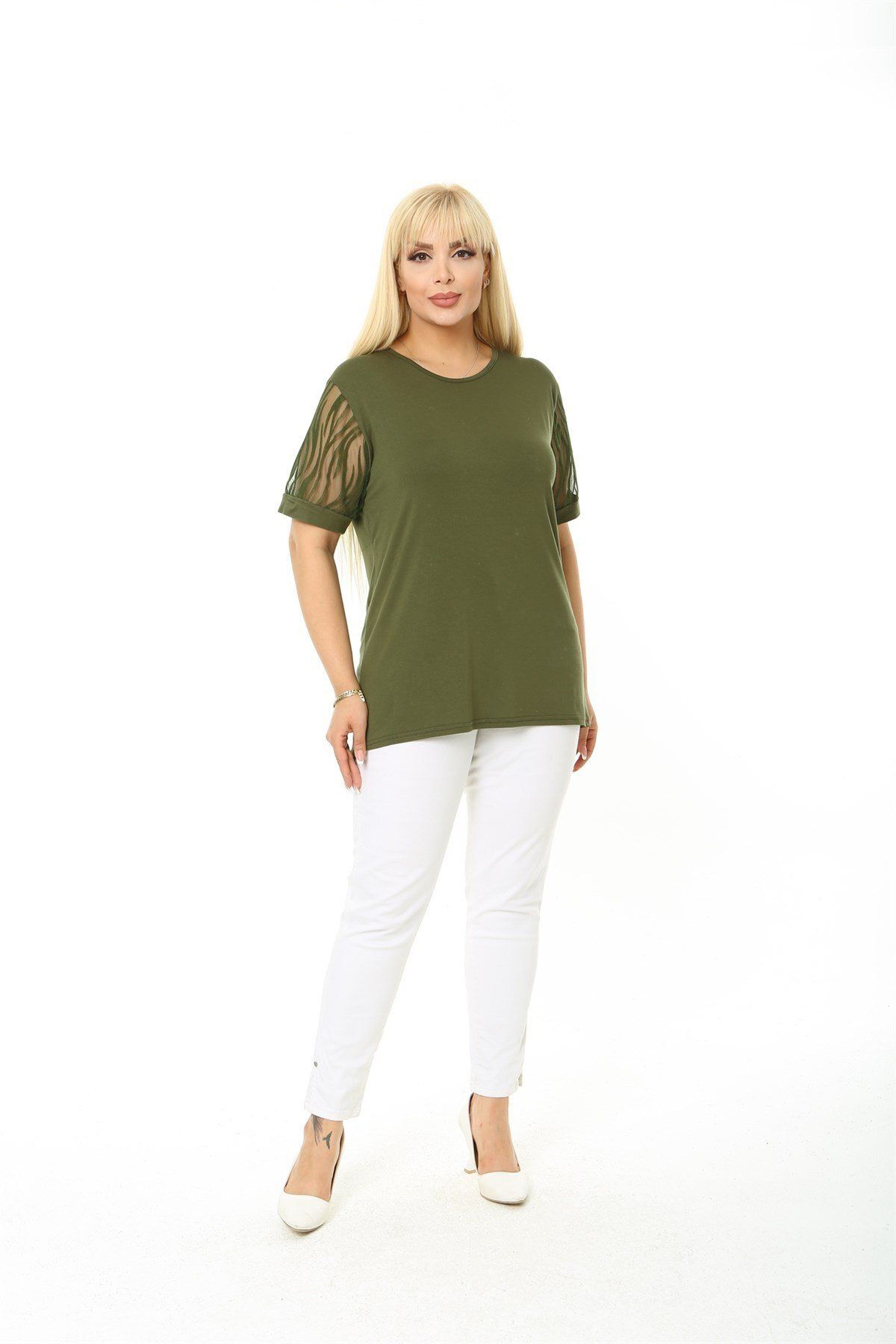 EGZEBRU-Plus Size Zebra Print Khaki Blouse - Short Sleeve 5