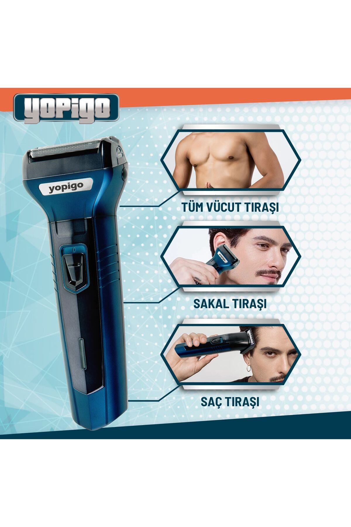 yopigo Yeni Pro Model - Mavi 3 In 1 Profesyonellerin Tercihi Saç Sakal Kesme Ense Burun Tıraş Makinesi Seti-4