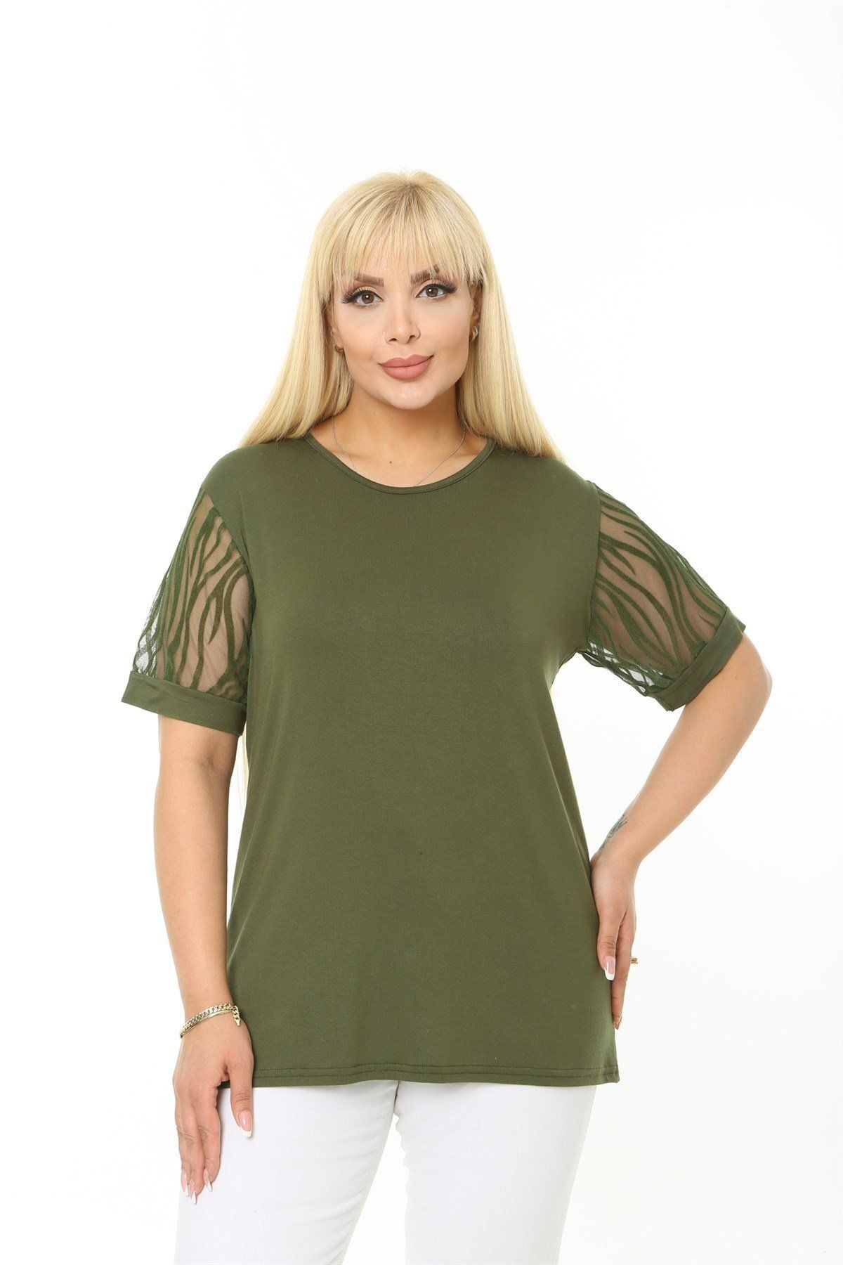 EGZEBRU-Plus Size Zebra Print Khaki Blouse - Short Sleeve 1