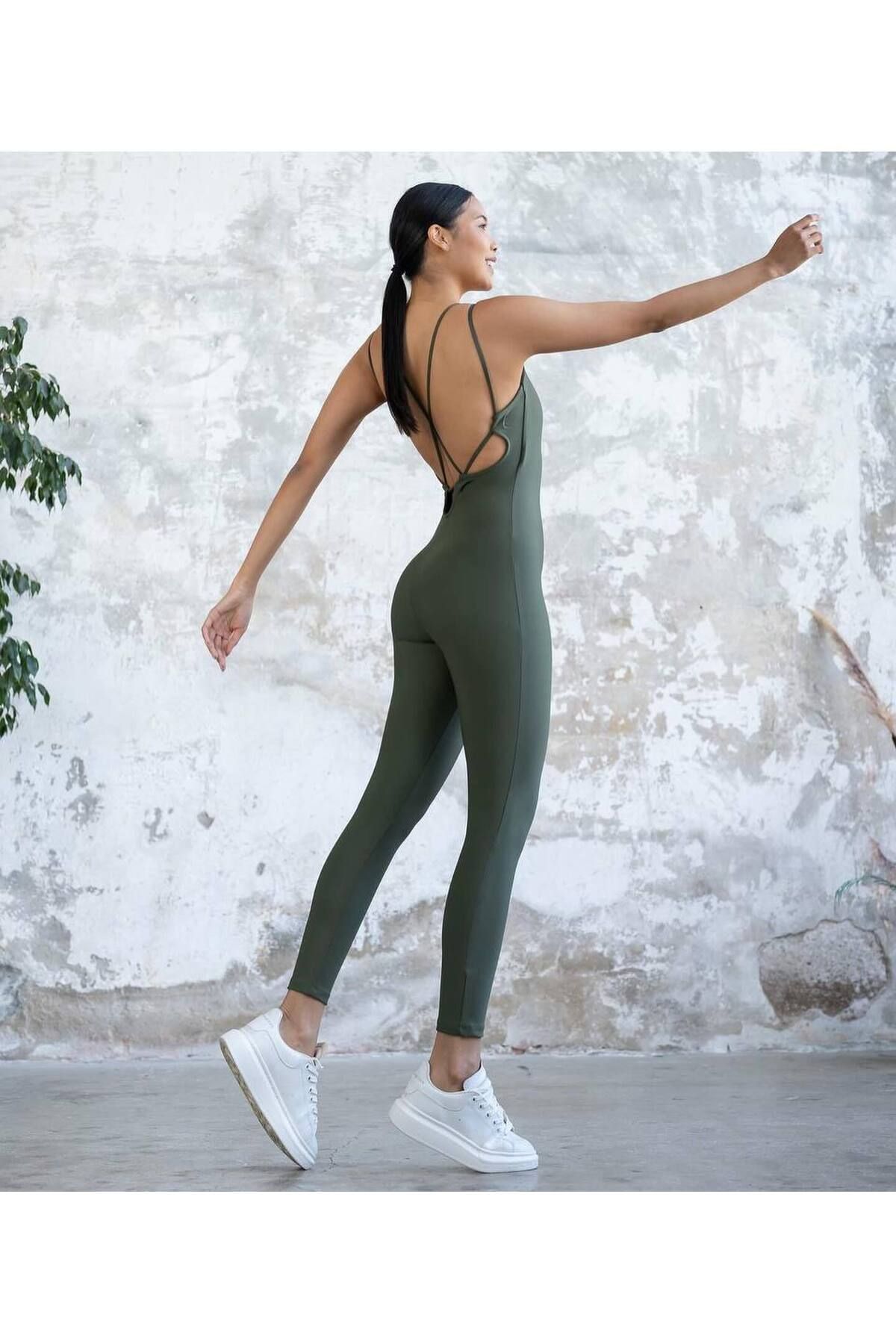 TÜKATO-Green Women's Yoga Leggings - Sports Jumpsuit with Back Low Cut and Recovery Cross Band Straps 3